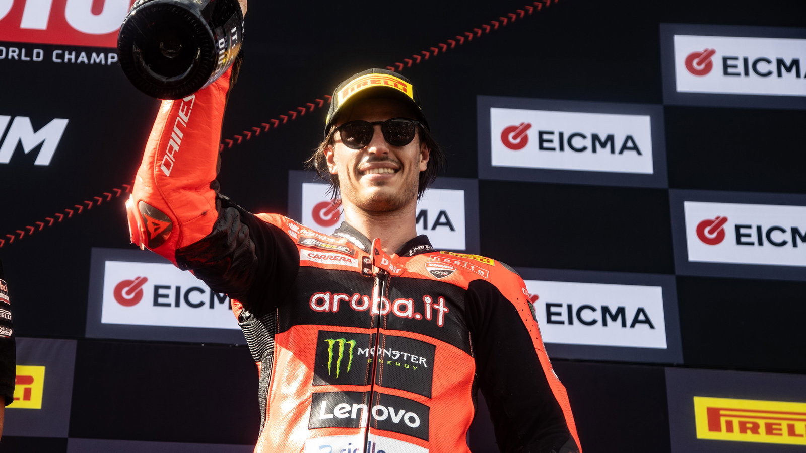 Nicolo Bulega, 2025 Estoril WorldSBK, podium. Credit: Gold and Goose.