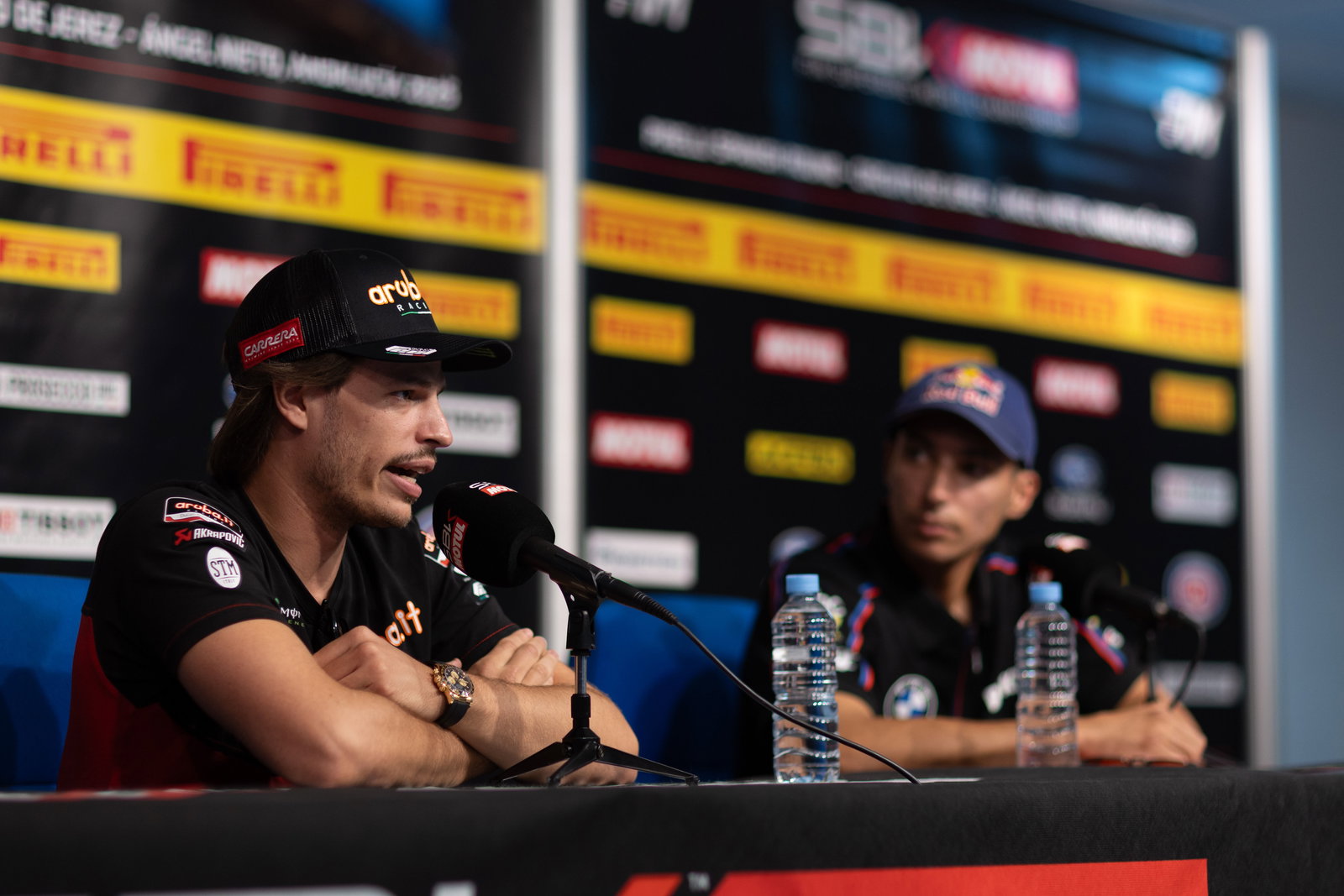 Nicolo Bulega, Toprak Razgatlioglu, 2025 Spanish WorldSBK, pre-event press conference. Credit: Gold and Goose.