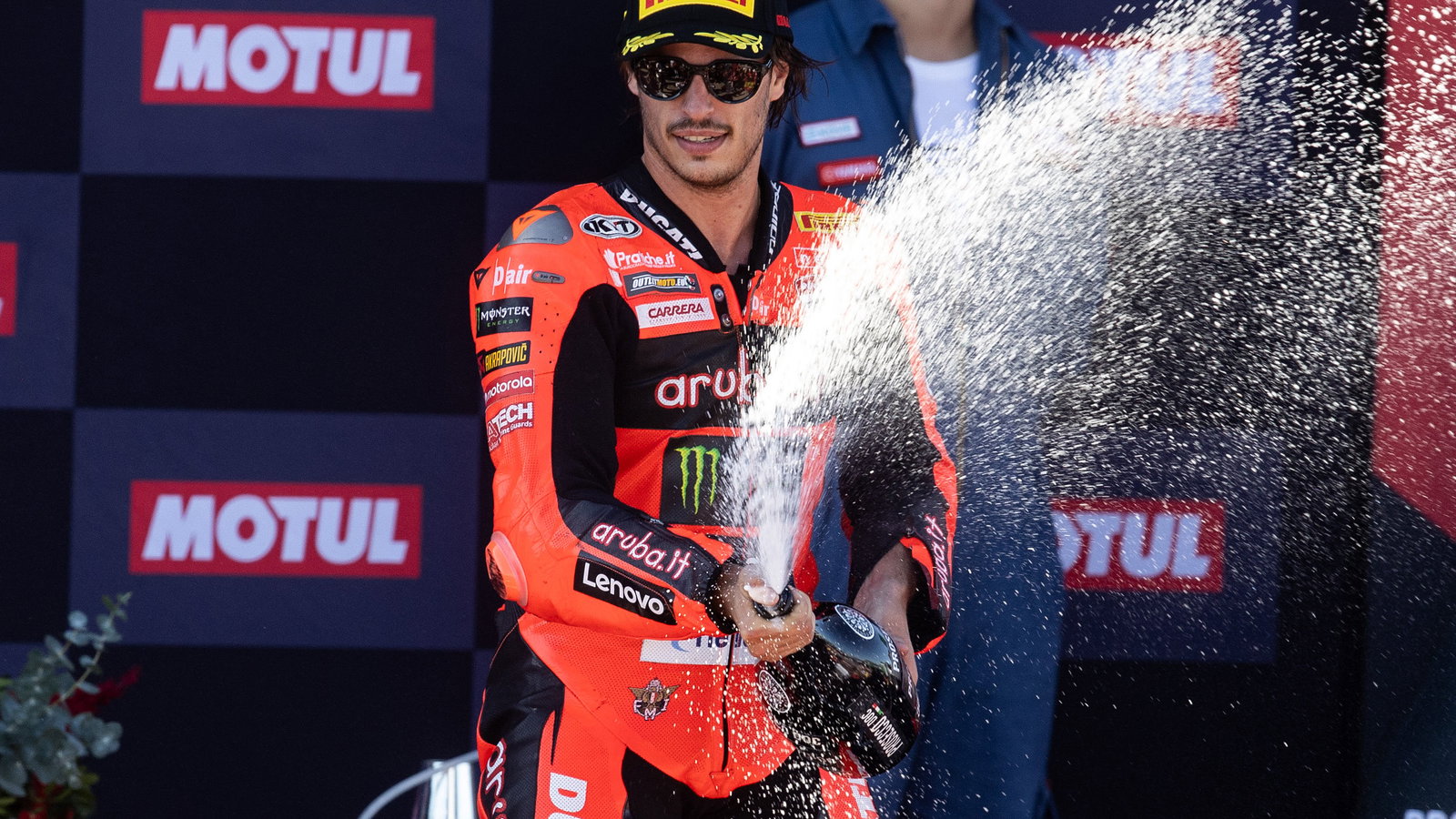 Nicolo Bulega, 2025 Spanish WorldSBK, podium. Credit: Gold and Goose.