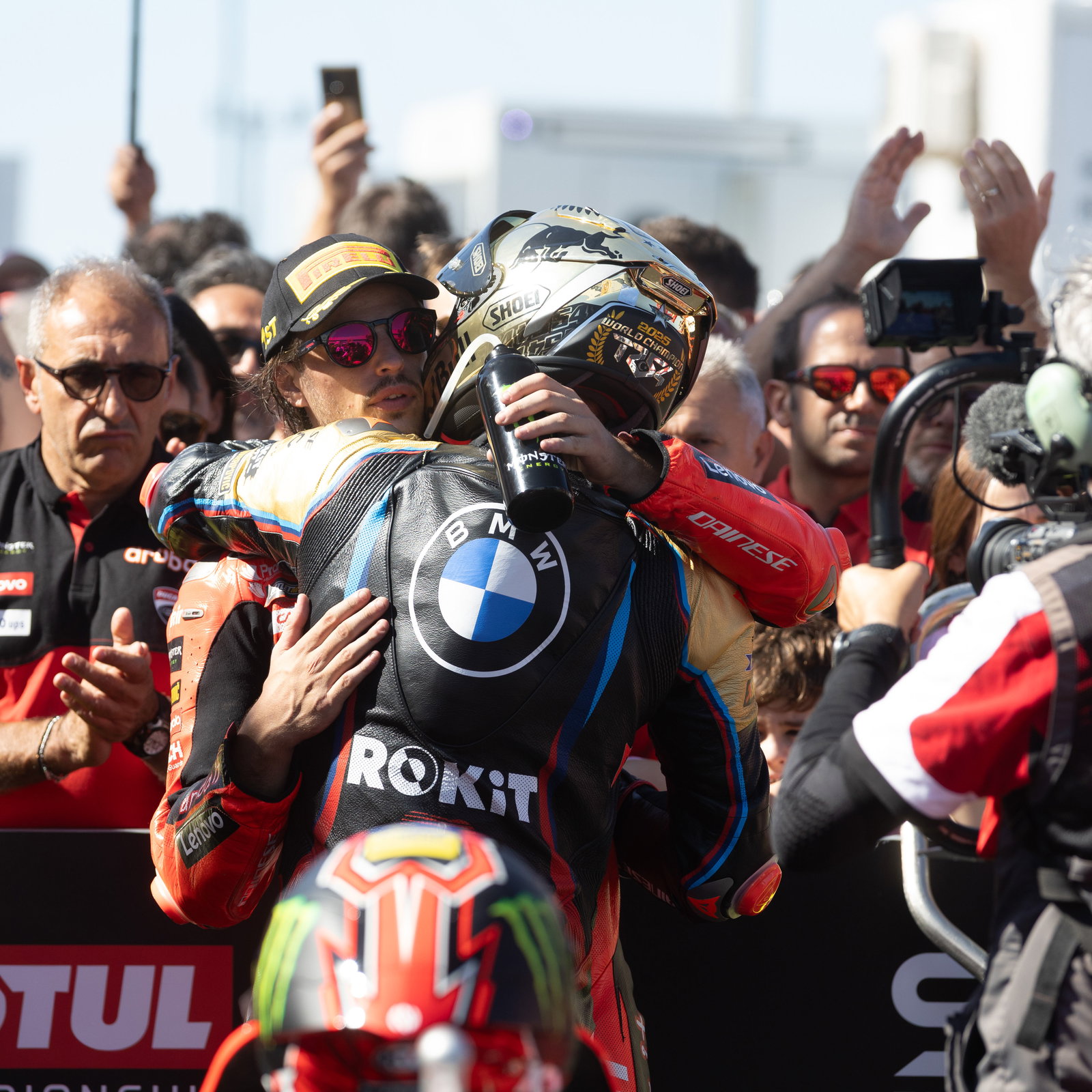 Nicolo Bulega, ToprakRazgatlioglu, 2025 Spanish WorldSBK, parc ferme. Credit: Gold and Goose.