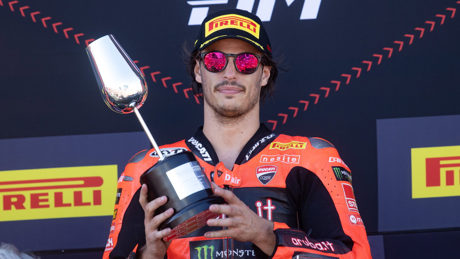 Nicolo Bulega, 2025 Spanish WorldSBK, podium. Credit: Gold and Goose.