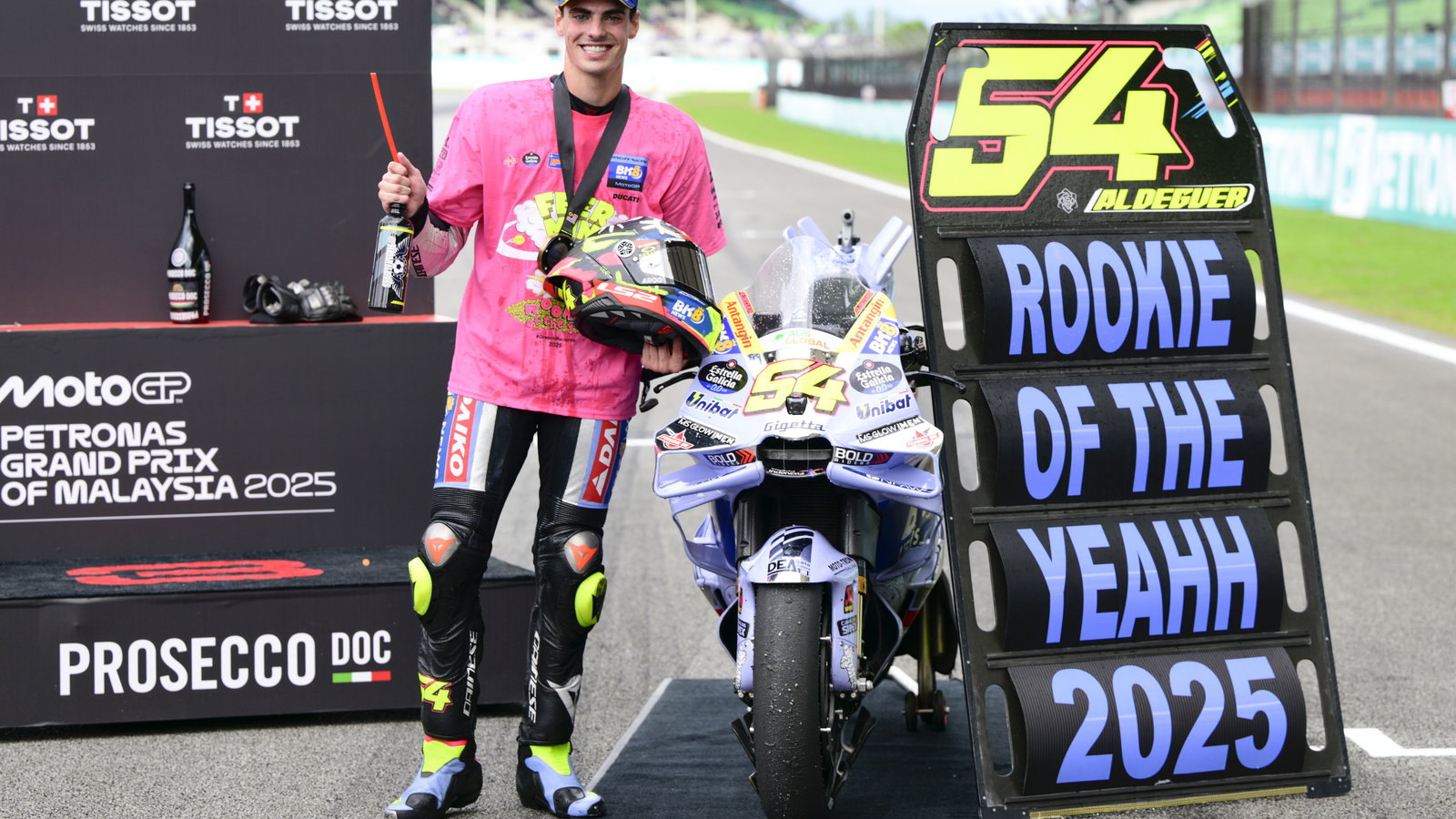 Fermin Aldeguer celebrates 2025 MotoGP rookie of the year title. Credit: Gold and Goose.