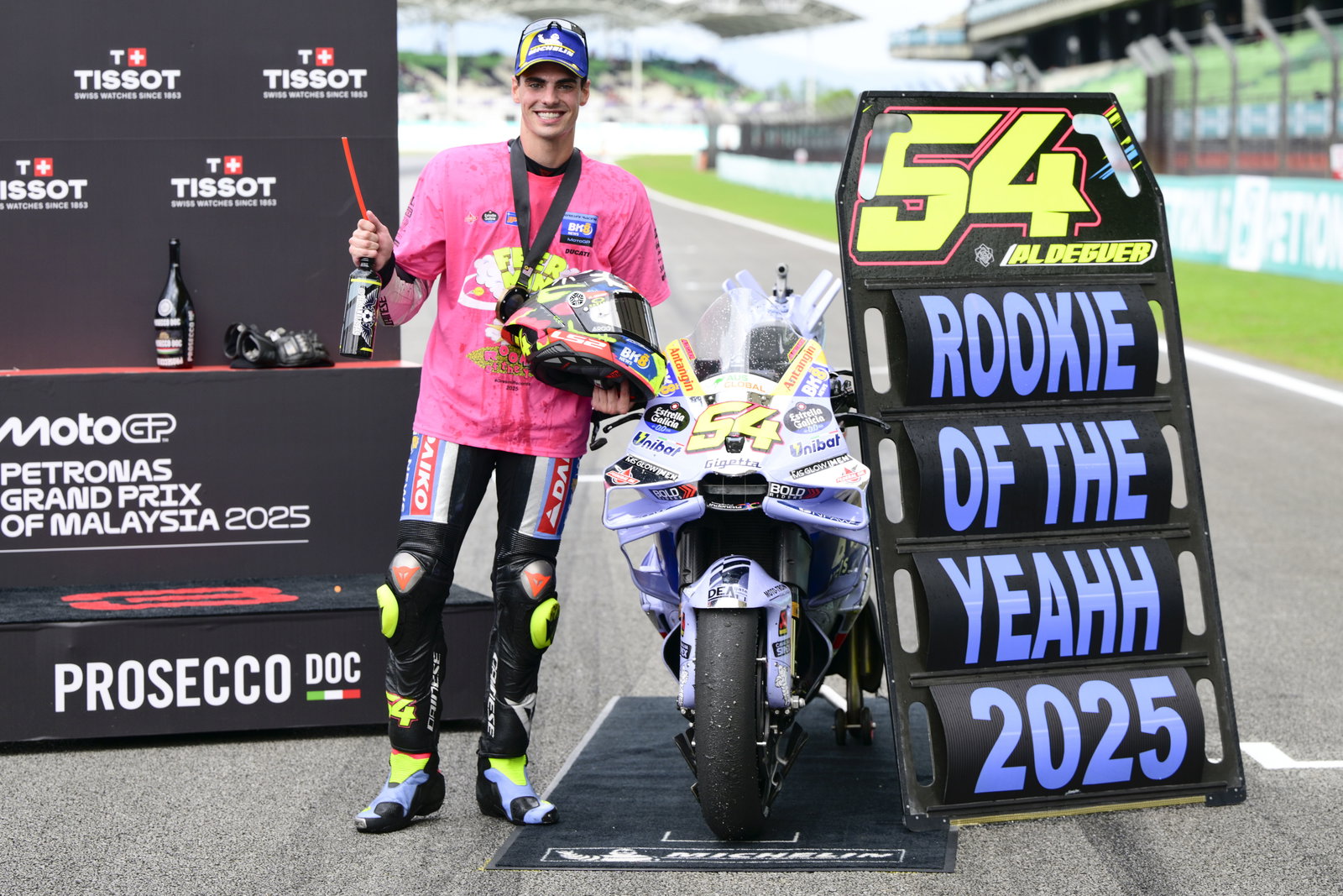Fermin Aldeguer celebrates 2025 MotoGP rookie of the year title. Credit: Gold and Goose.