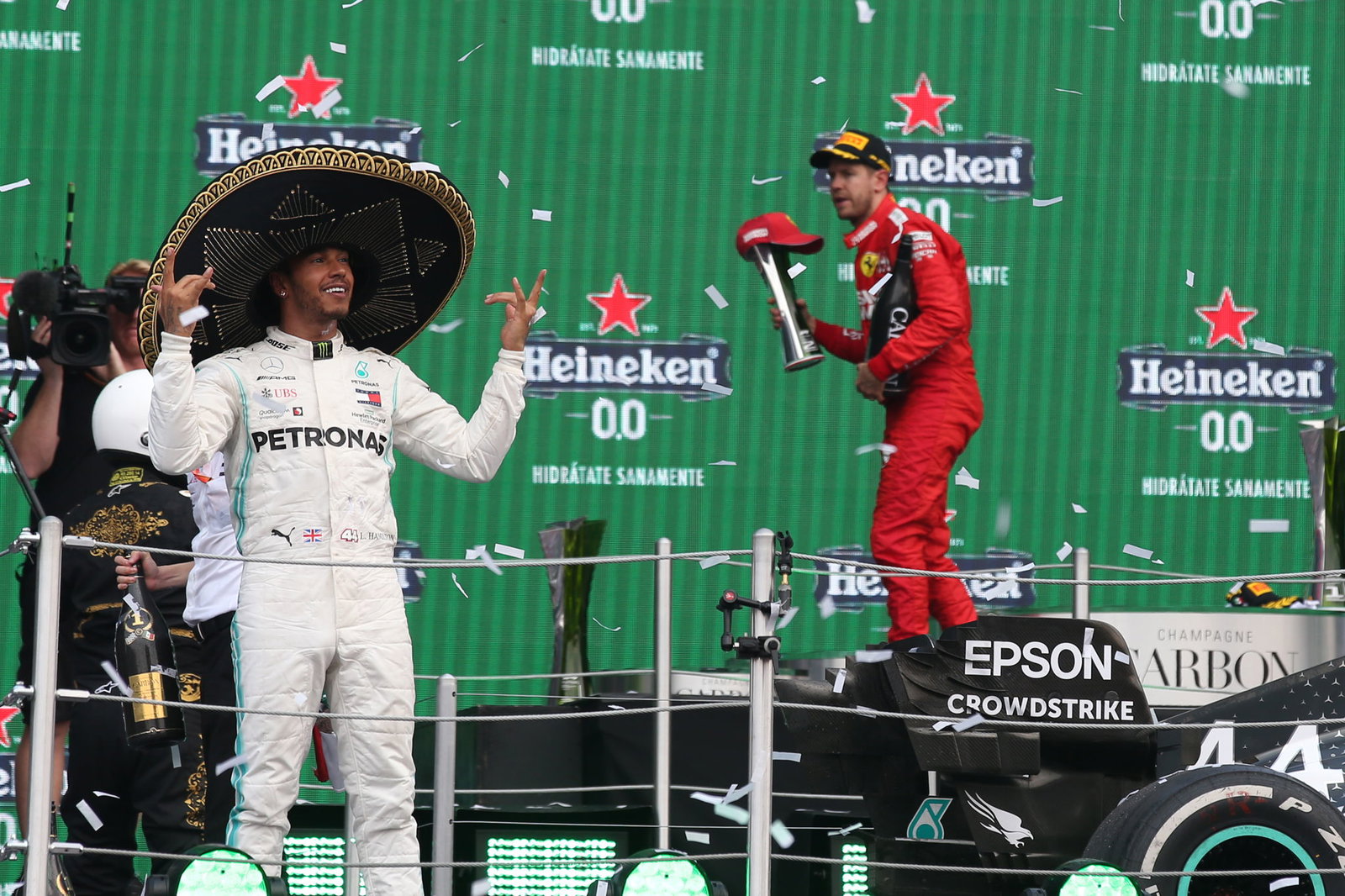 Lewis Hamilton celebrates in Mexico in 2019 