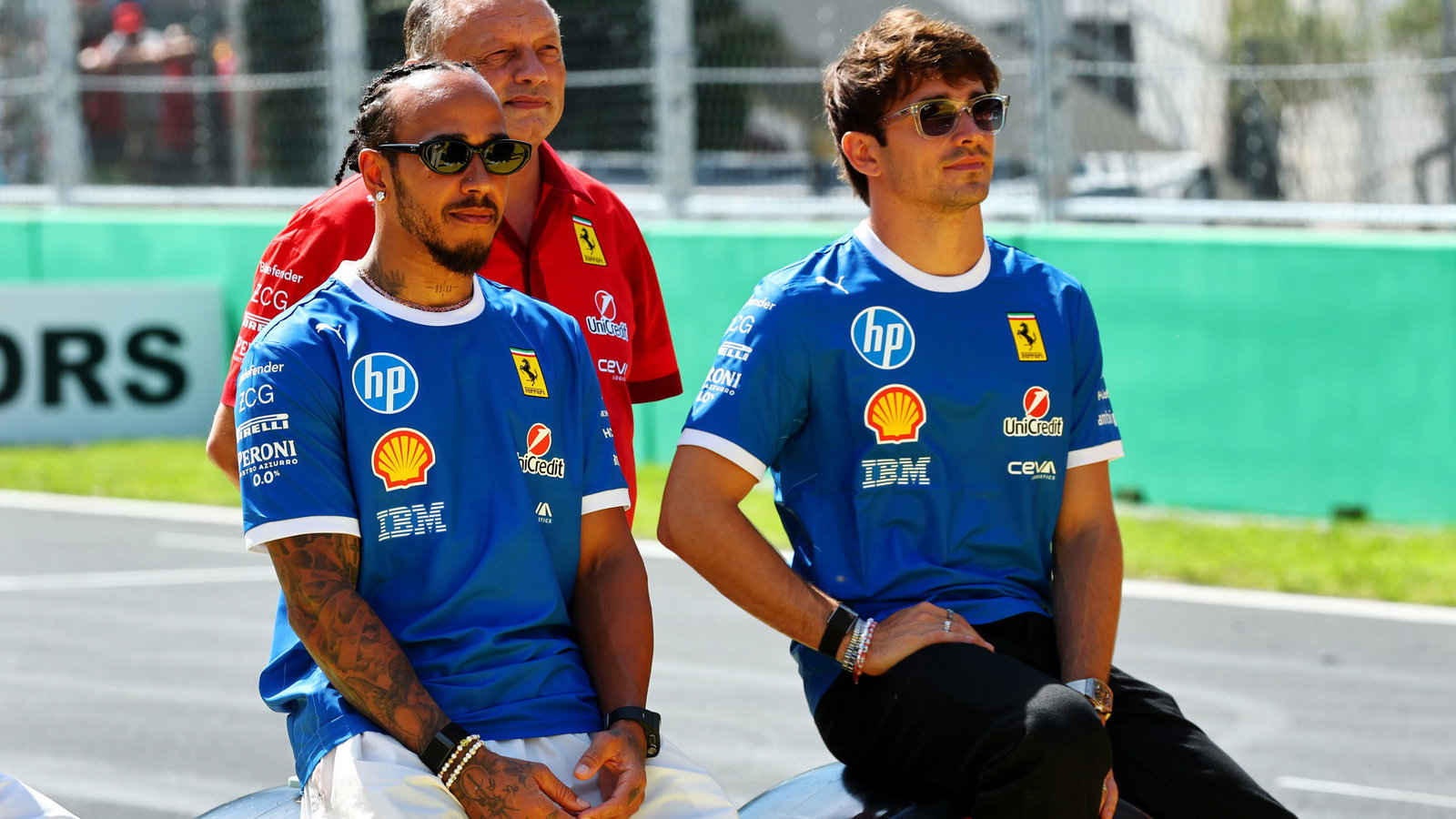 Frederic Vasseur, Lewis Hamilton and Charles Leclerc