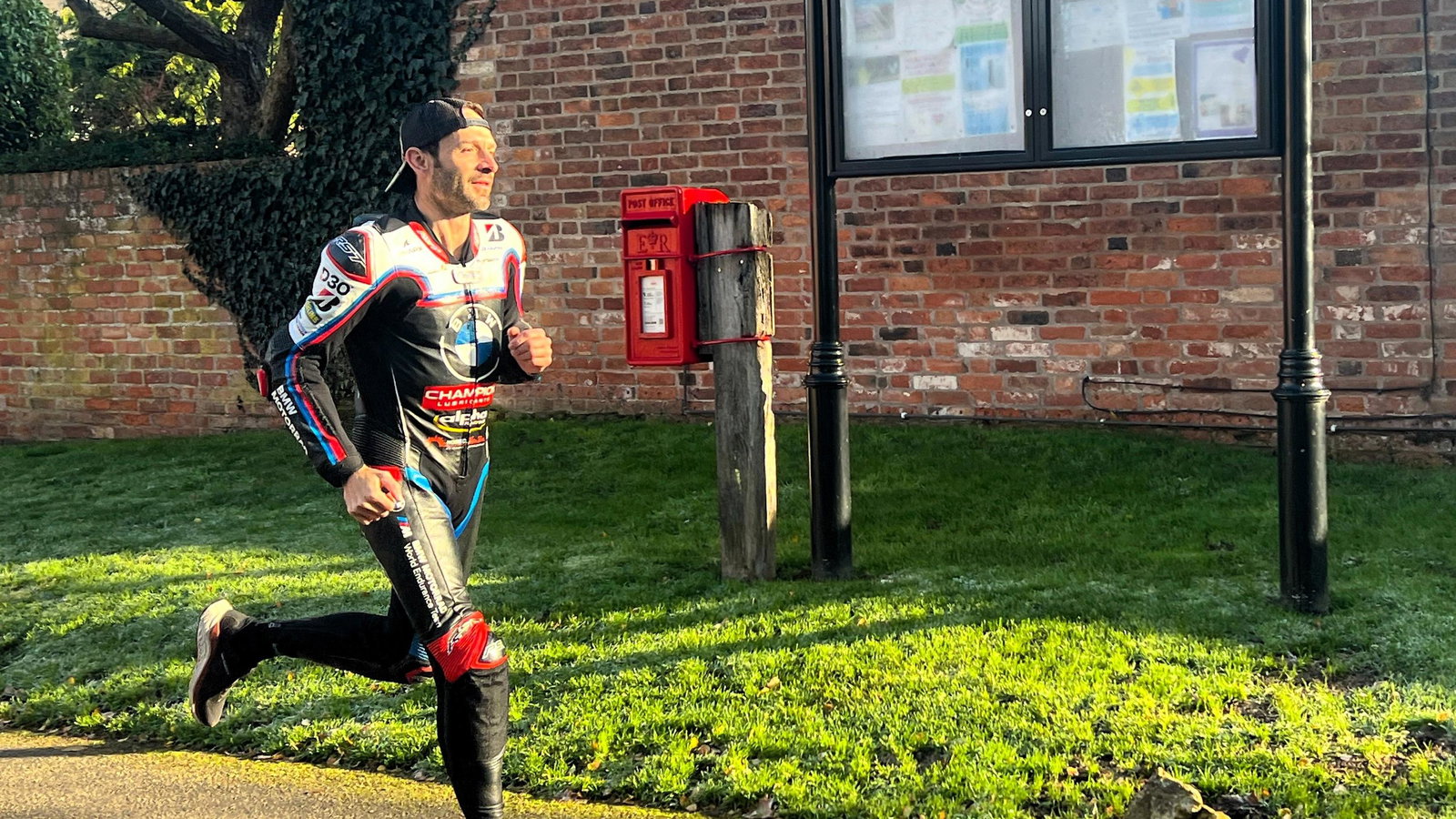 Sylvain Guintoli training to run the 2026 London Marathon, in his leathers!