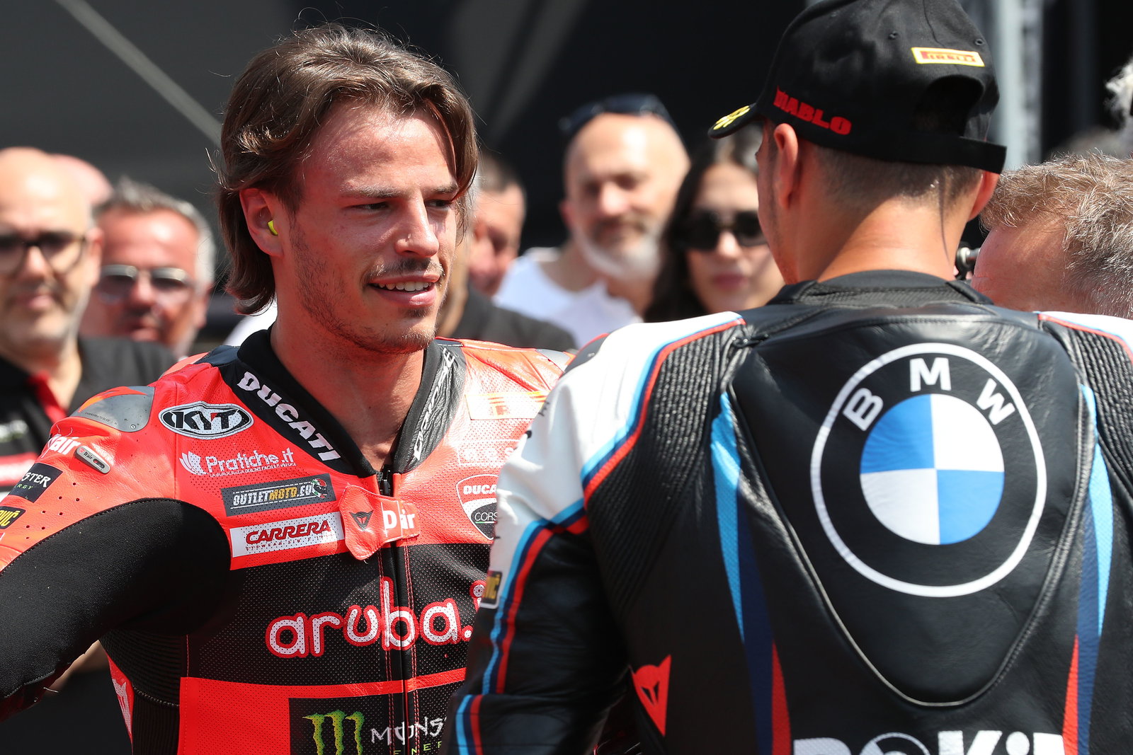 Toprak Razgatlioglu, Nicolo Bulega, 2025 Emilia-Romagna WorldSBK, parc ferme. Credit: Gold and Goose.