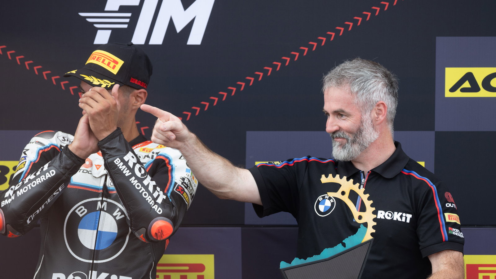 Toprak Razgatlioglu, Phil Marron, 2025 Hungarian WorldSBK, podium. Credit: Gold and Goose.