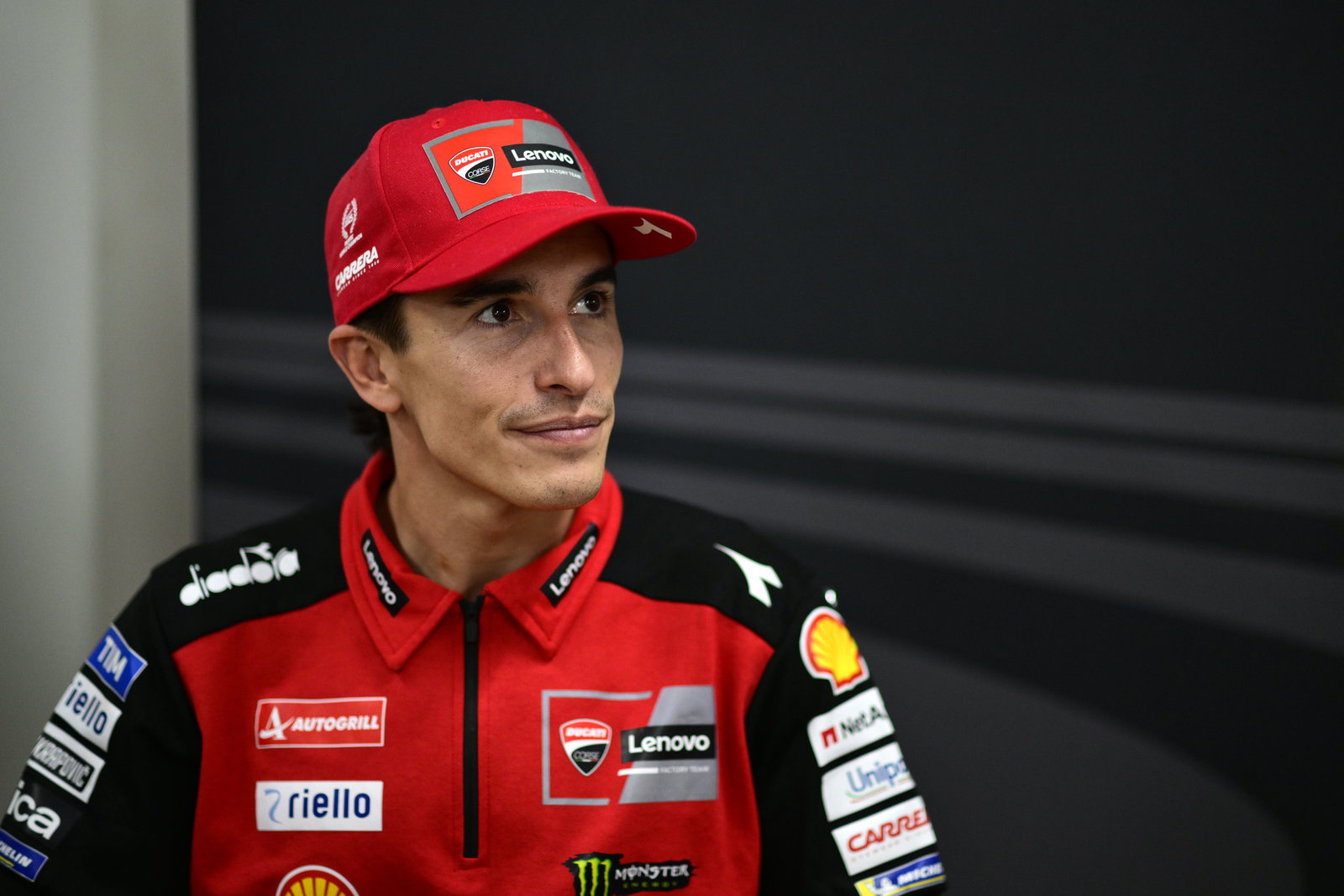 Marc Marquez speaks to the media, 2025 MotoGP Indonesian Grand Prix. Credit: Gold and Goose.