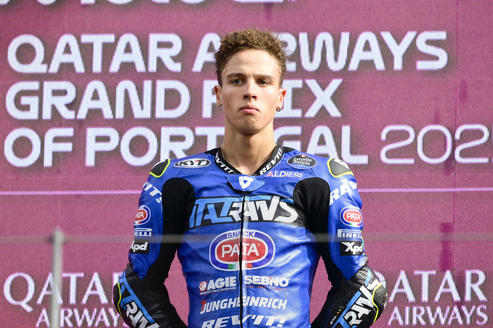 Diogo Moreira, 2025 Moto2 Portuguese Grand Prix, podium. Credit: Gold and Goose.