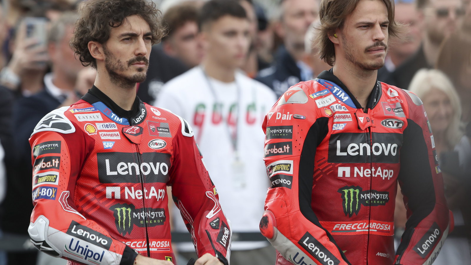 Francesco Bagnaia, Nicolo Bulega, 2025 MotoGP Valencia Grand Prix, pre-race ceremony. Credit: Gold and Goose.