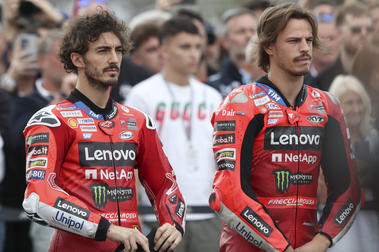 Francesco Bagnaia, Nicolo Bulega, 2025 MotoGP Valencia Grand Prix, pre-race ceremony. Credit: Gold and Goose.