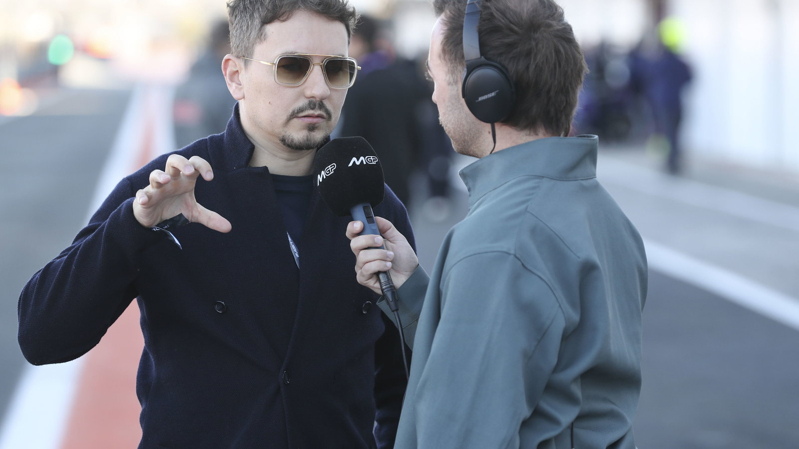 Jorge Lorenzo speaks with MotoGP.com's Jack Appleyard during 2025 MotoGP Valencia test. Credit: Gold and Goose.