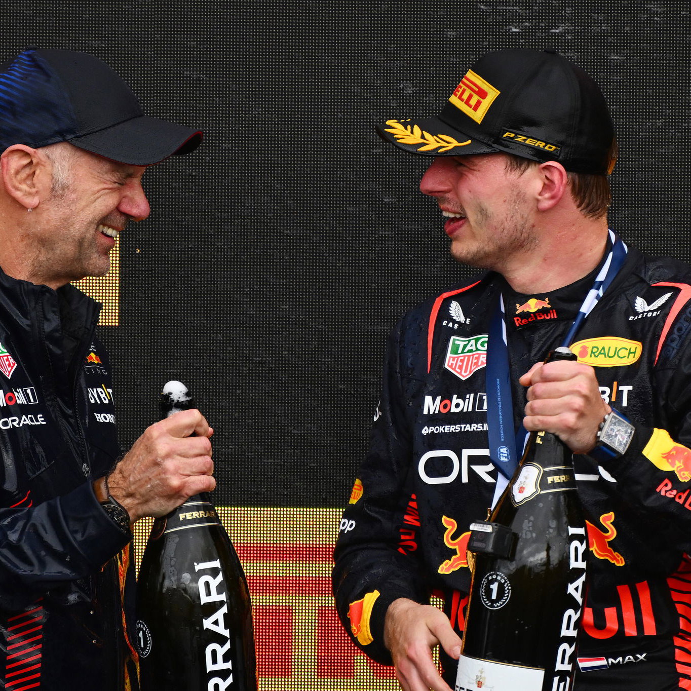 Newey and Verstappen celebrate on the podium
