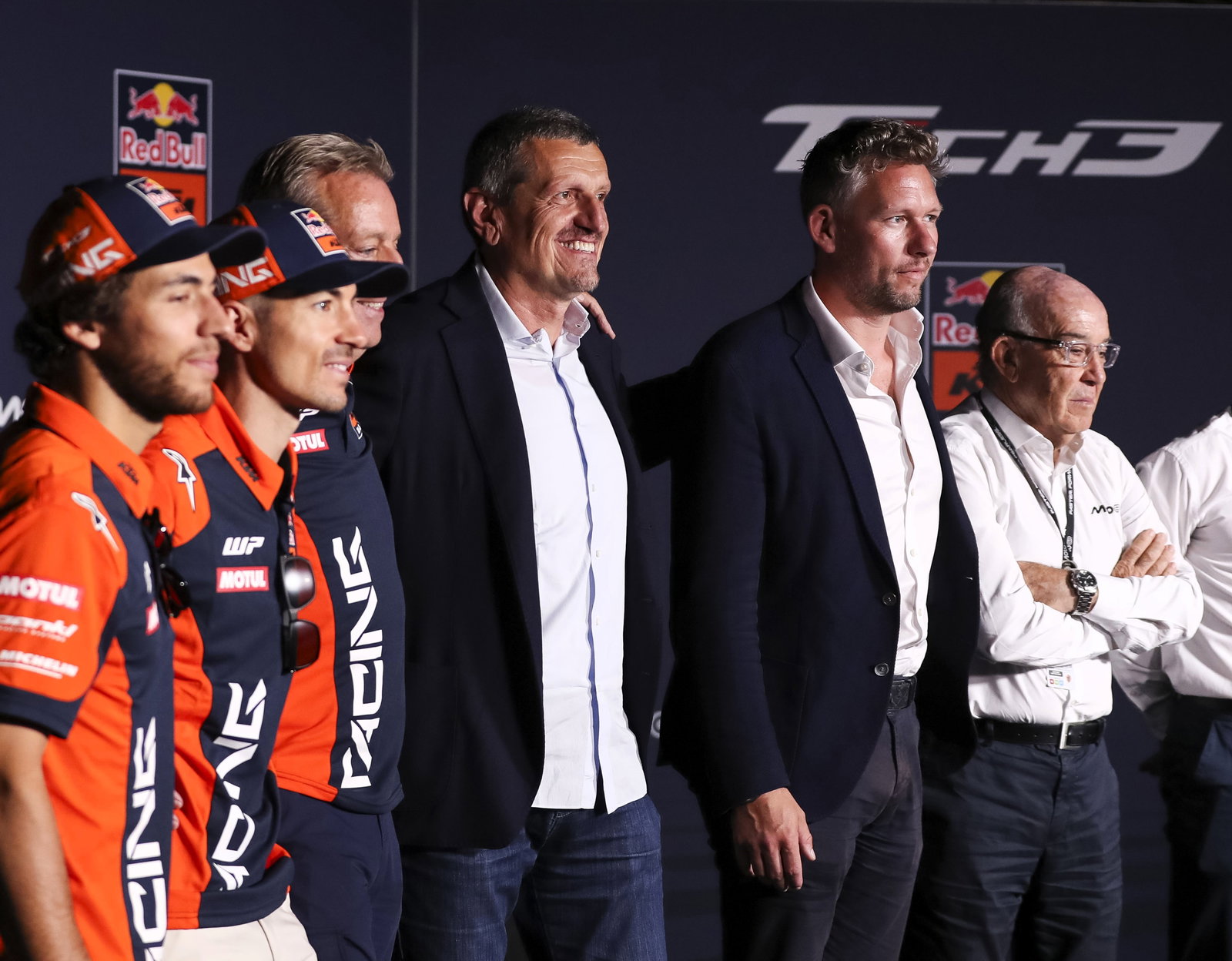  Guenther Steiner, Enea Bastianini, Maverick Vinales, Herve Poncharal, Richard Coleman, Carmelo Ezpeleta, Catalunya MotoGP, 5 September 2025