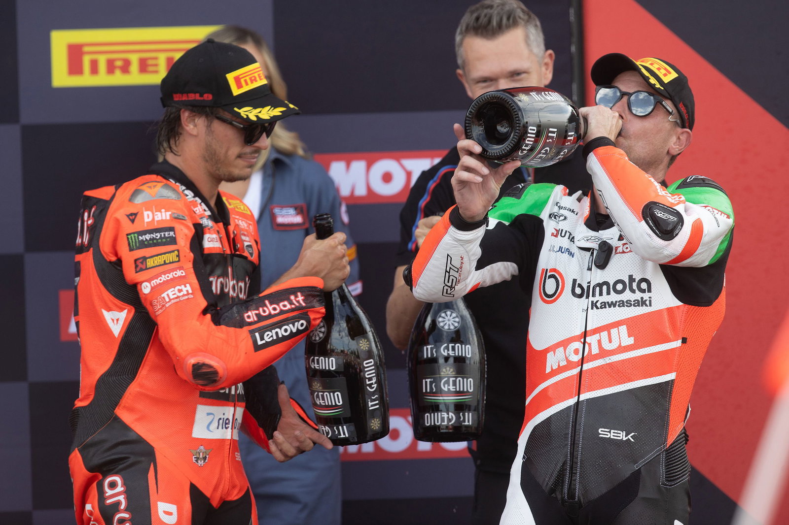 Alex Lowes, Nicolo Bulega, 2025 French WorldSBK, podium. Credit: Gold and Goose.