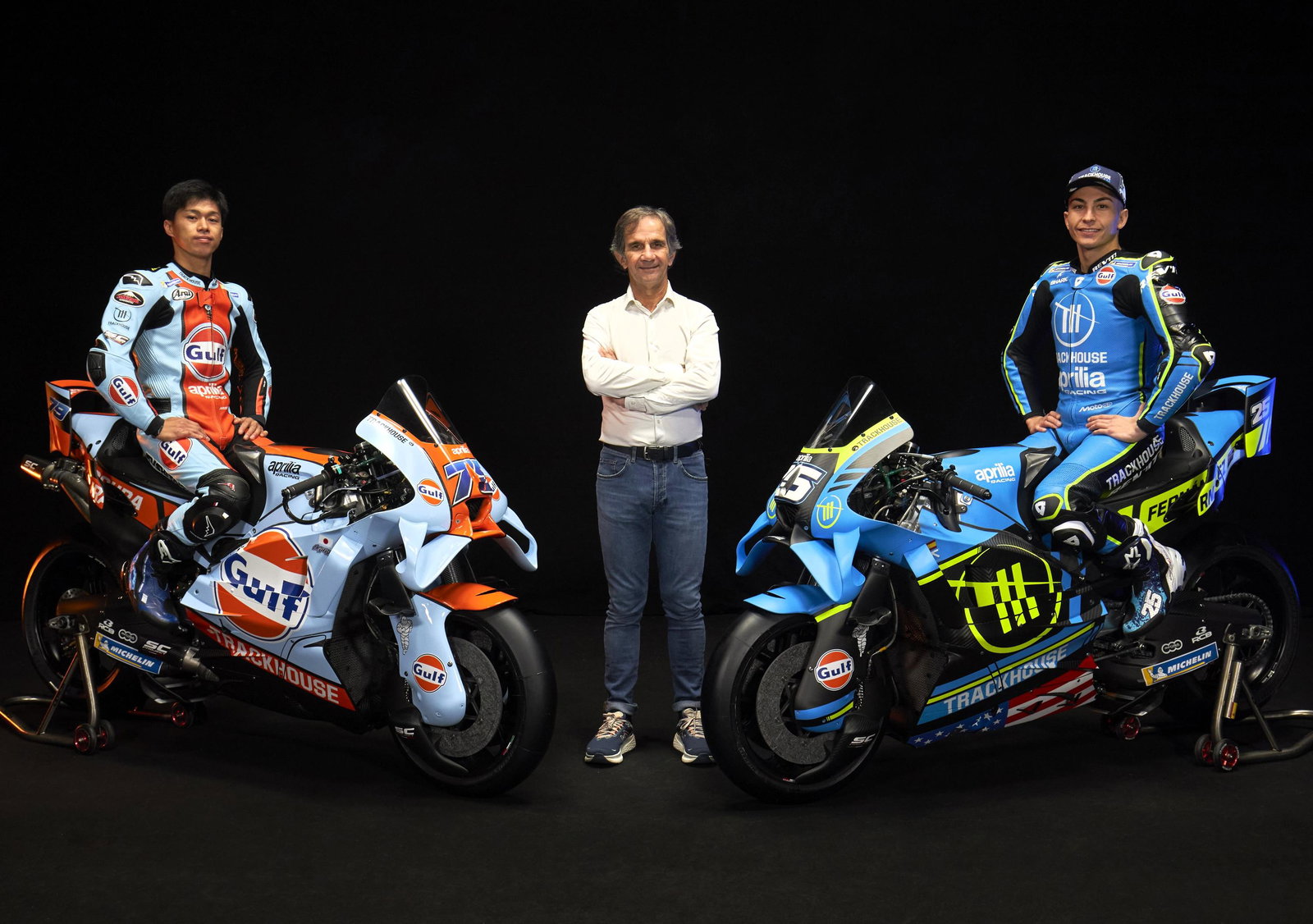 Ai Ogura, Davide Brivio, Raul Fernandez with 2026 Trackhouse colours.