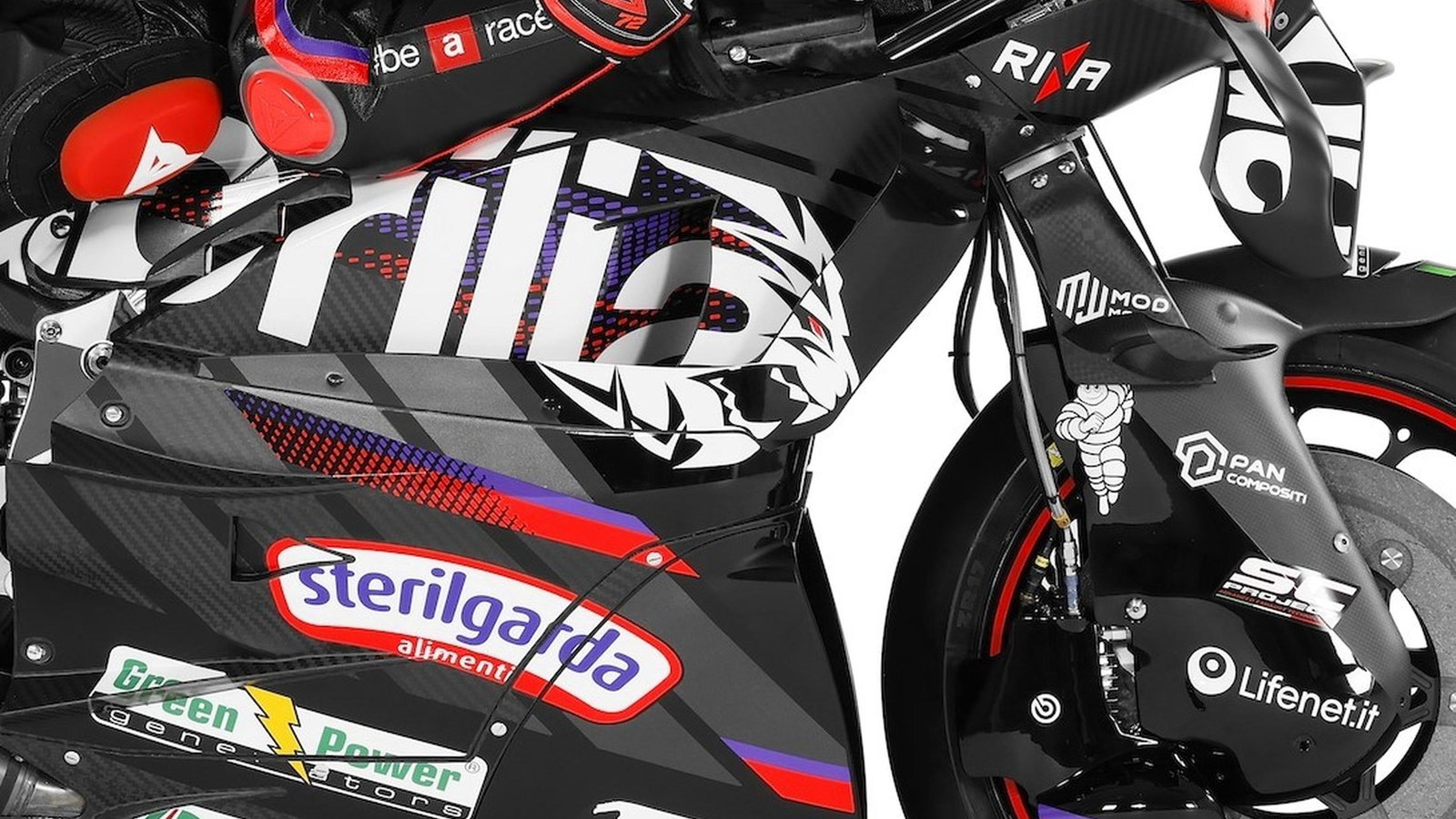Aprilia's lion head logo on the side of the 2026 RS-GP.