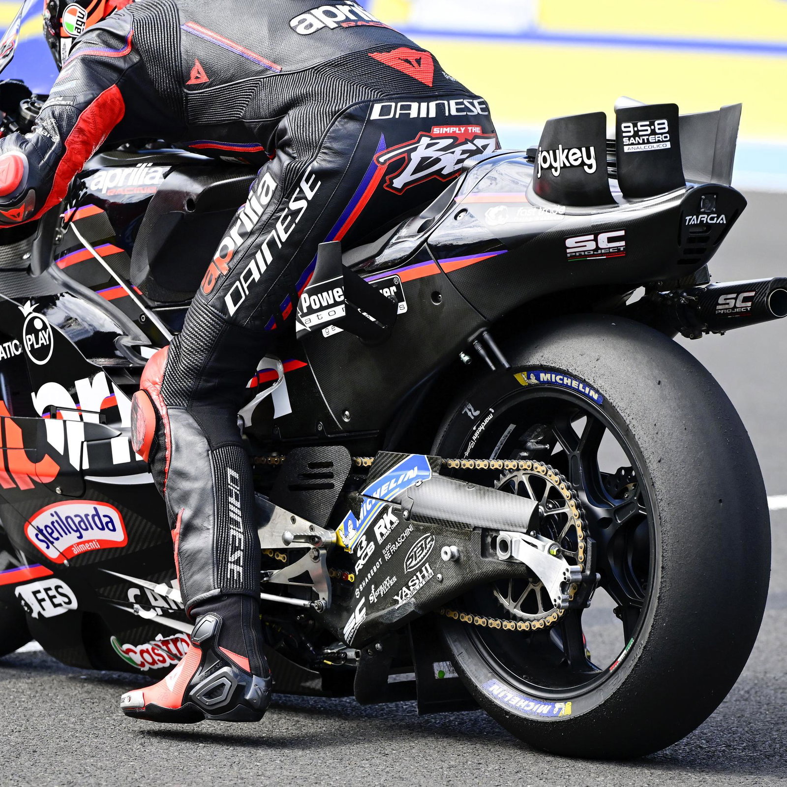 Michelin rear tyre on Marco Bezzecchi's Aprilia.