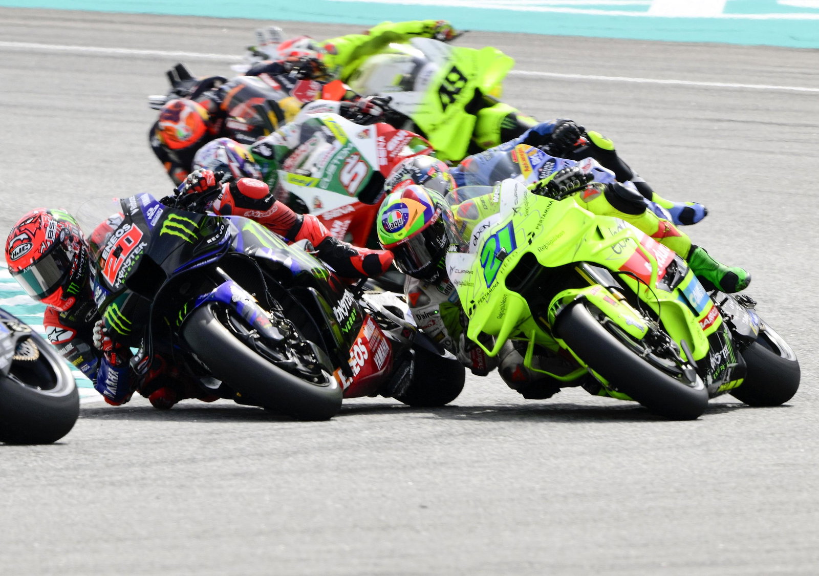 Franco Morbidelli battles former Yamaha team-mate Fabio Quartararo at the 2025 Malaysian MotoGP.