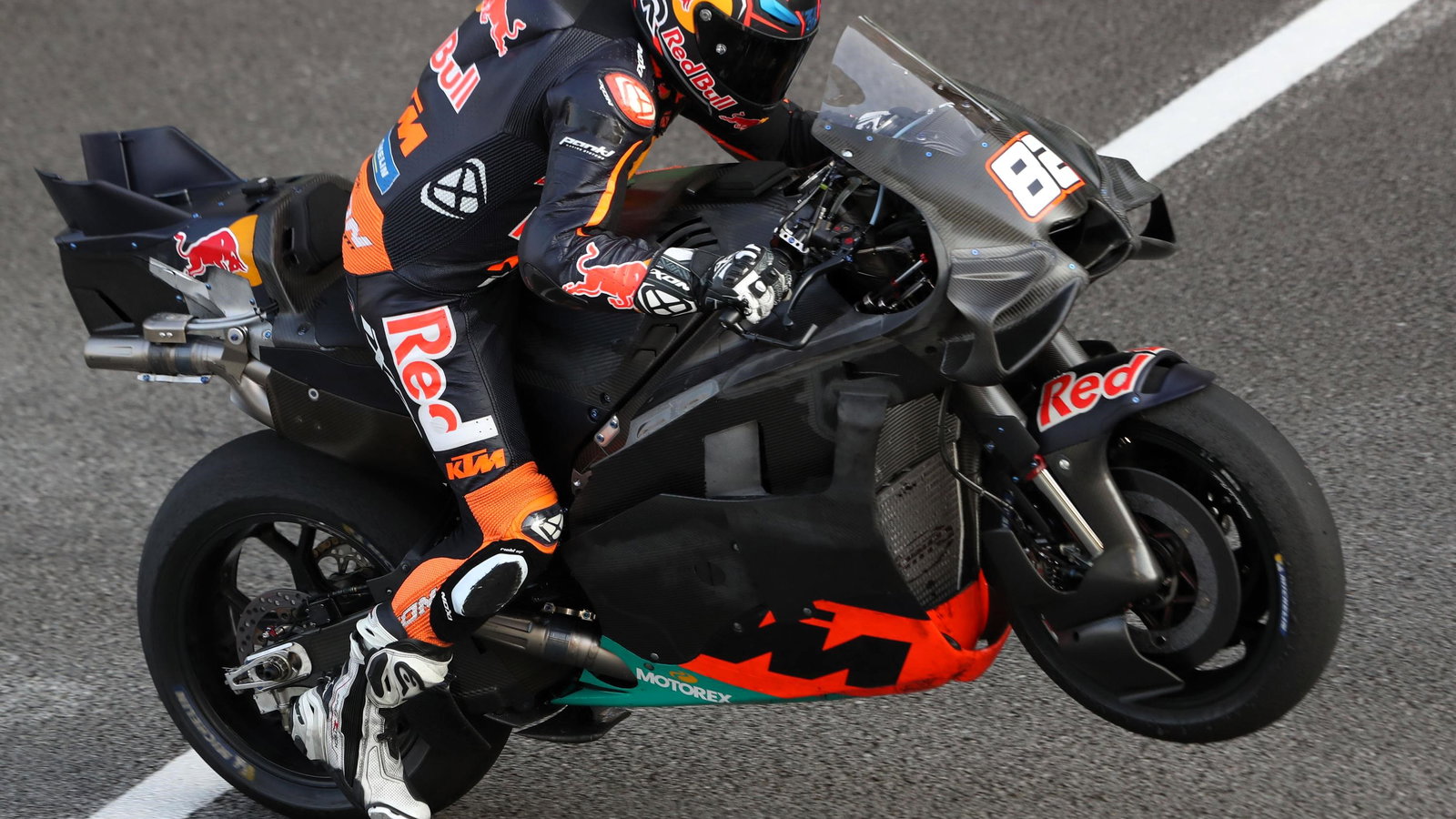 Mika Kallio practice start wheelie, 2026 Sepang MotoGP Shakedown.