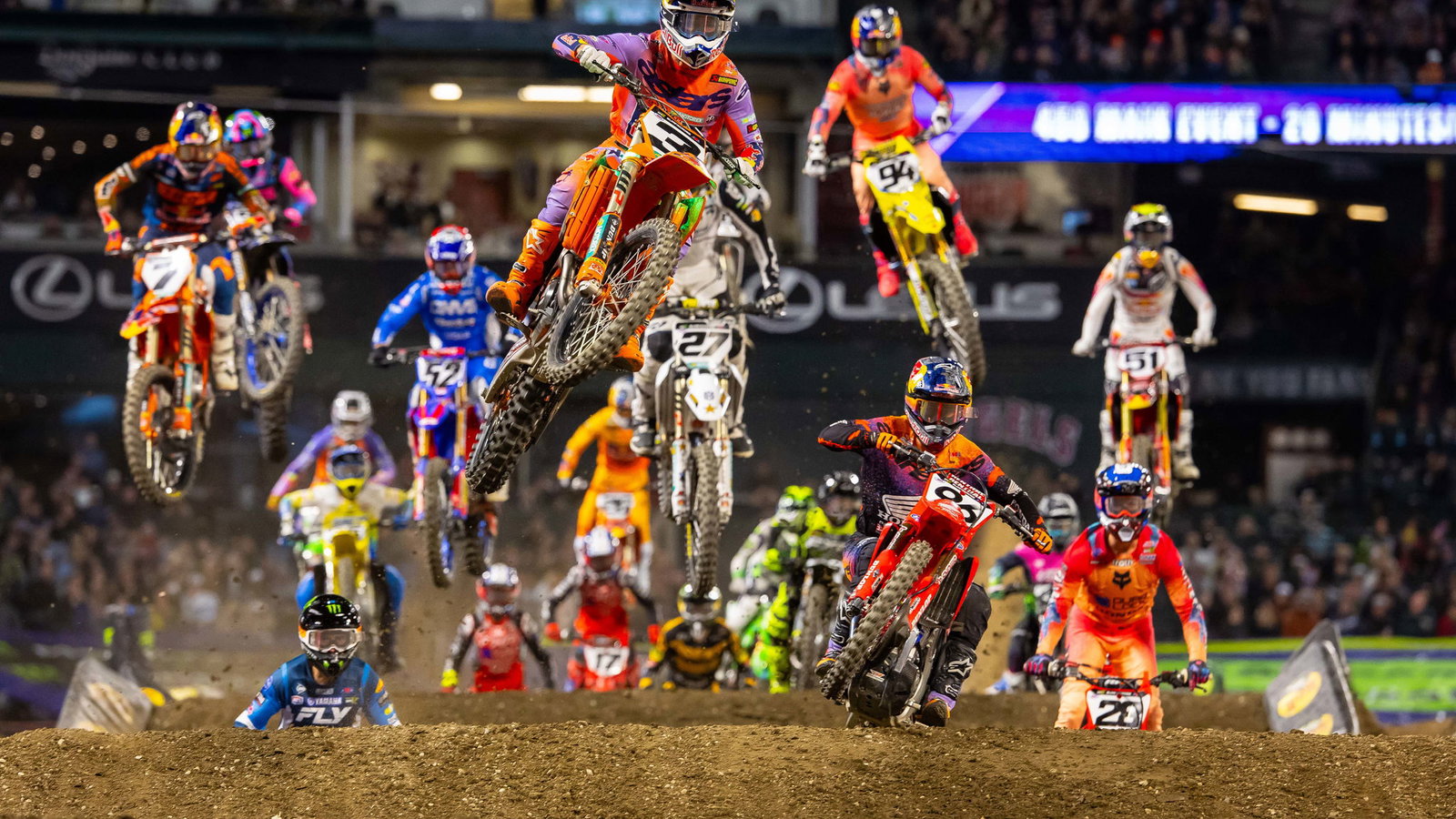 Eli Tomac leads the 450SX field at 2025 Anaheim 1 Supercross. Credit: KTM.