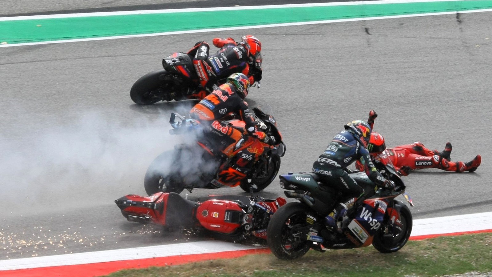 Francesco Bagnaia's accident at the start of the 2023 Catalunya MotoGP.