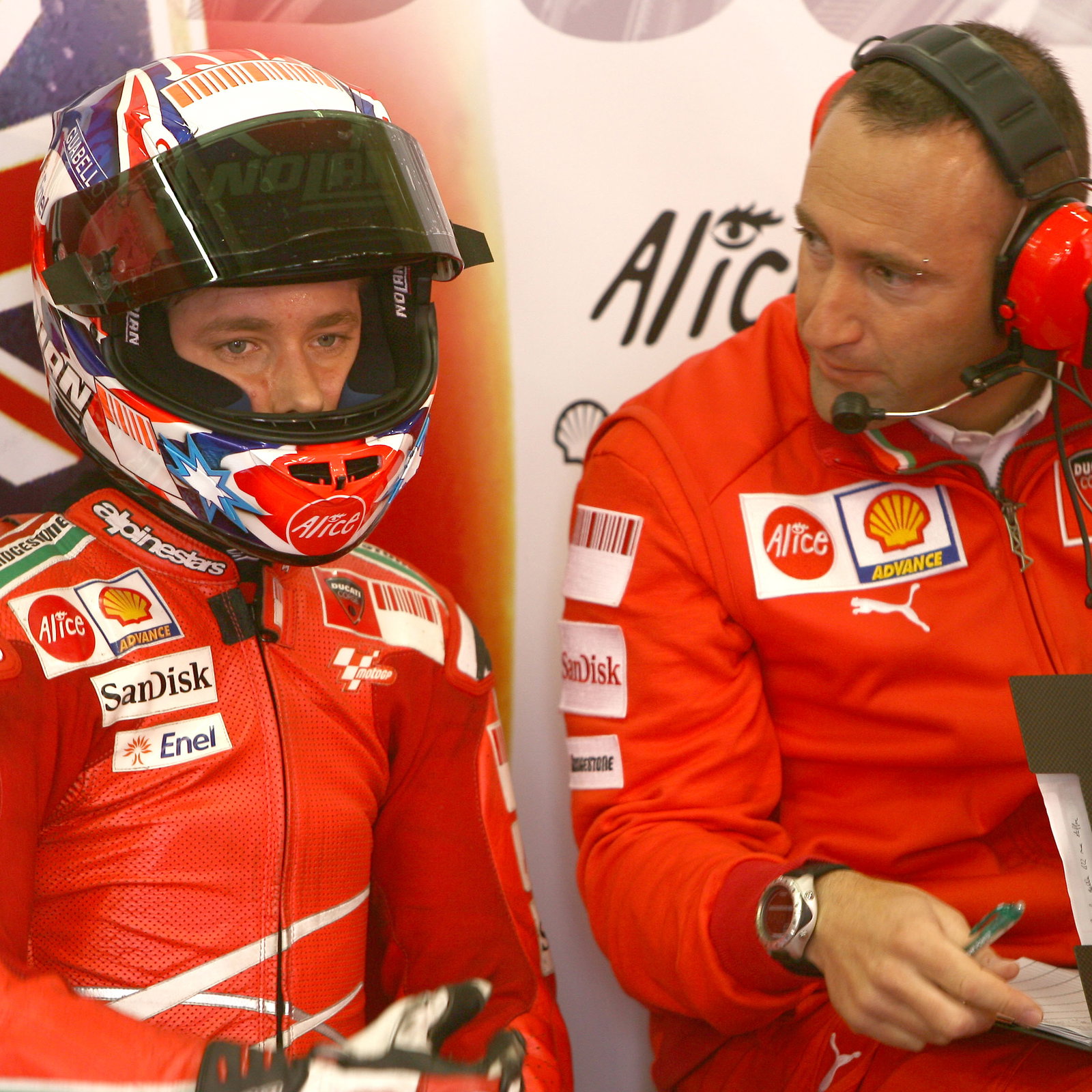 Casey Stoner with Christian Gabbarini, 2008 MotoGP French Grand Prix, pit box. Credit: Gold and Goose.
