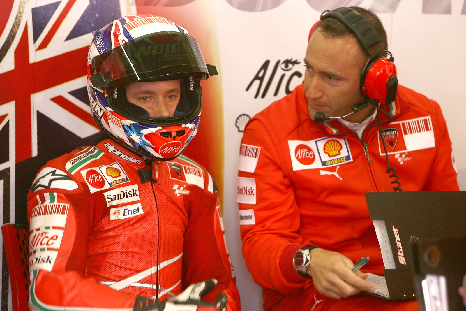 Casey Stoner with Christian Gabbarini, 2008 MotoGP French Grand Prix, pit box. Credit: Gold and Goose.