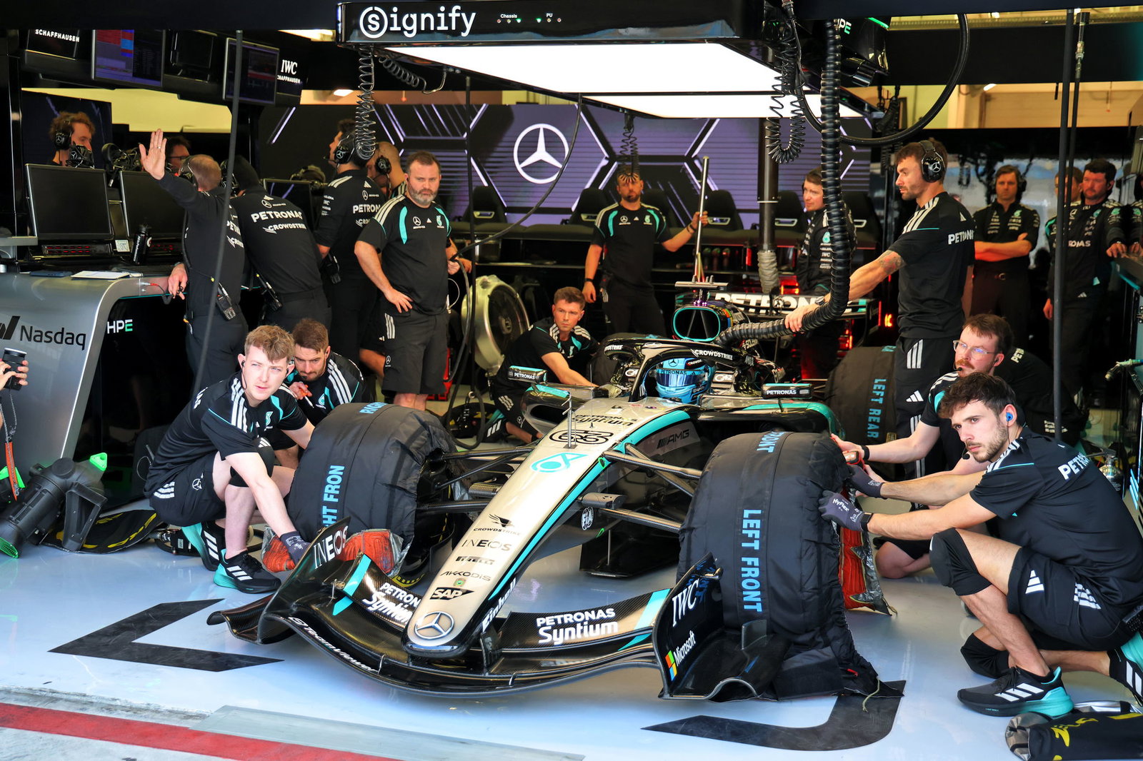 The Mercedes garage during pre-season testing in Bahrain