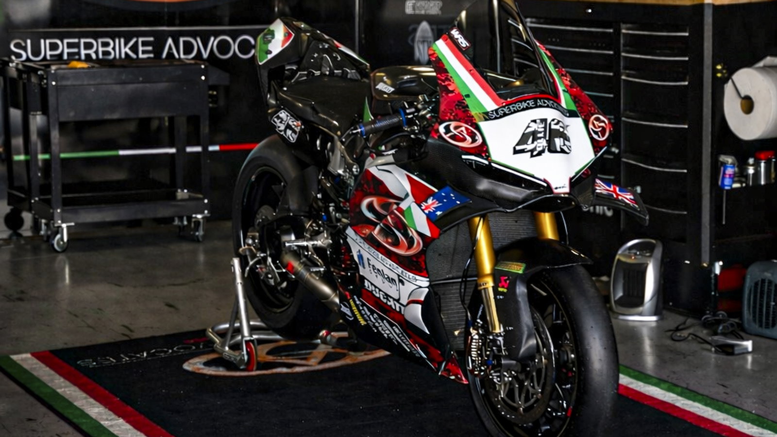 Tommy Bridewell's Superbike Advocates Ducati, March 2026 Portimao WorldSBK test, pit box. Credit: WorldSBK.