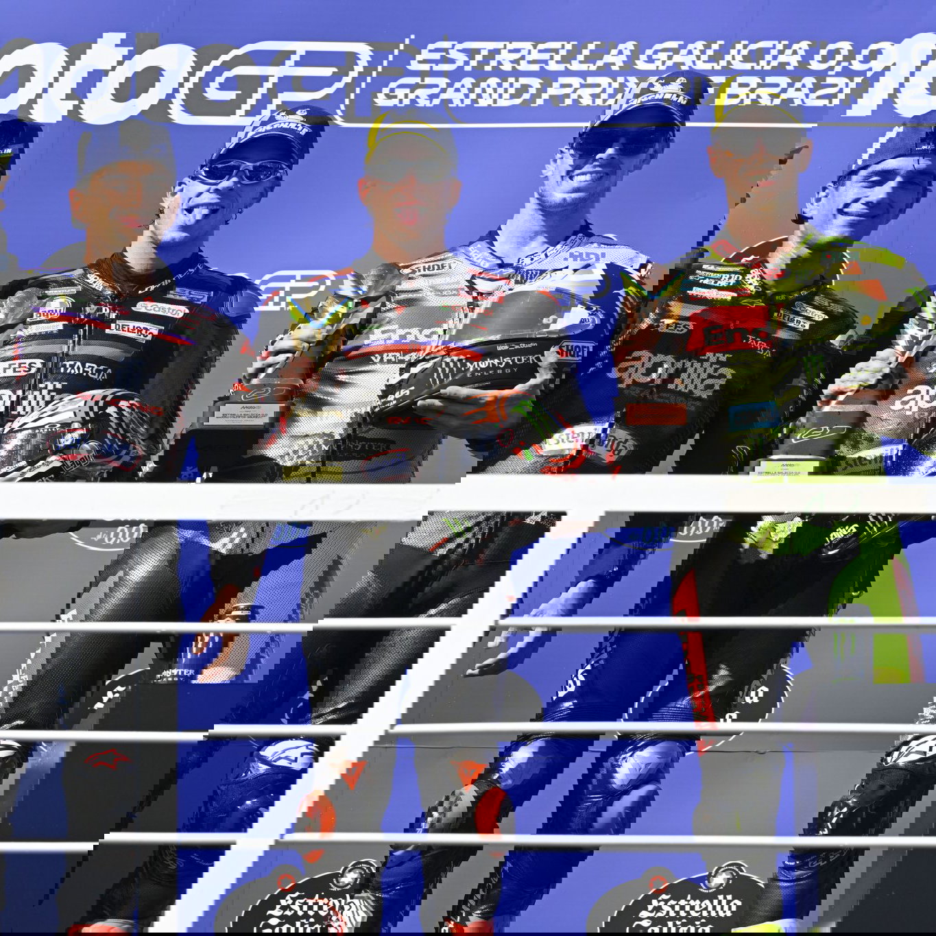 Marco Bezzecchi, Jorge Martin, Fabio Di Giannantonio, 2026 MotoGP Brazilian Grand Prix podium. Credit: Gold and Goose.