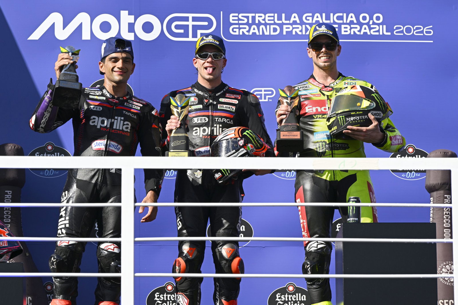 Marco Bezzecchi, Jorge Martin, Fabio Di Giannantonio, 2026 MotoGP Brazilian Grand Prix podium. Credit: Gold and Goose.