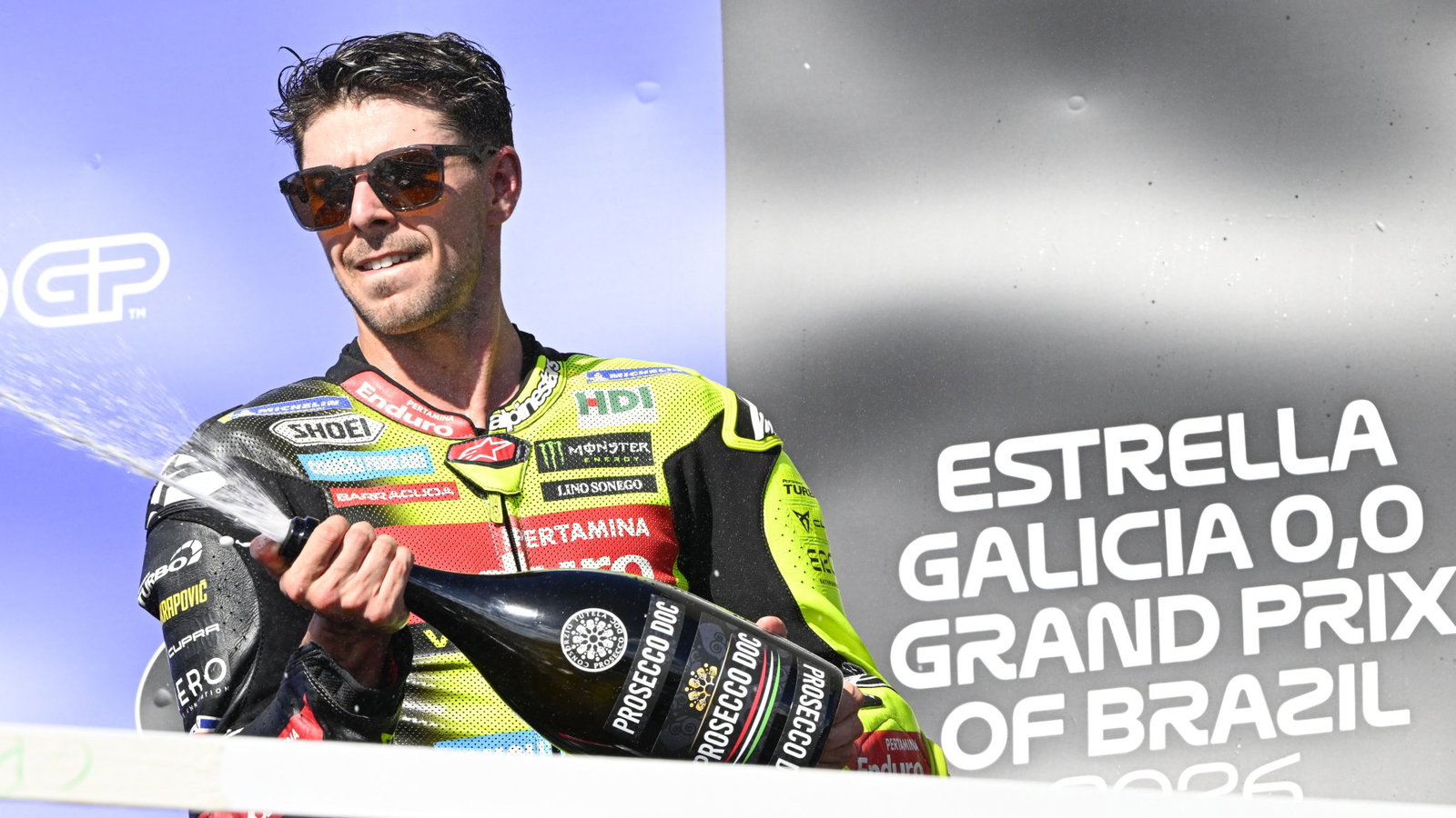 Fabio Di Giannantonio, 2026 MotoGP Brazilian Grand Prix, podium. Credit: Gold and Goose.