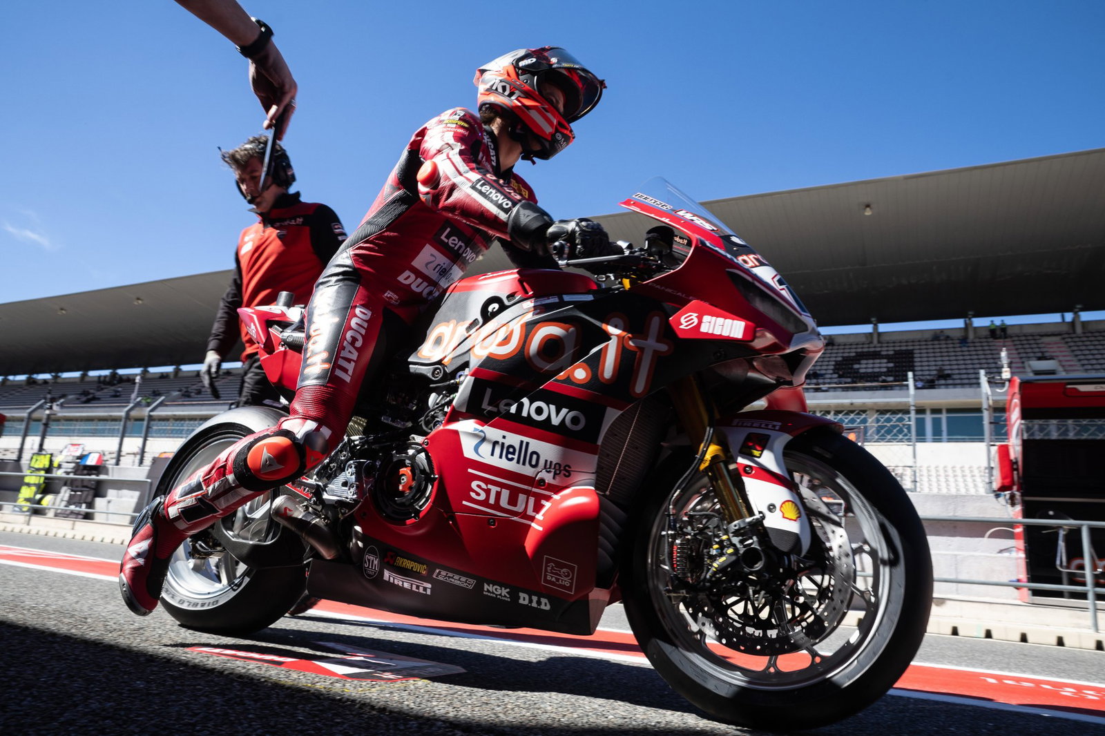Nicolo Bulega, 2026 Portuguese WorldSBK, leaving pit box. Credit: Gold and Goose.