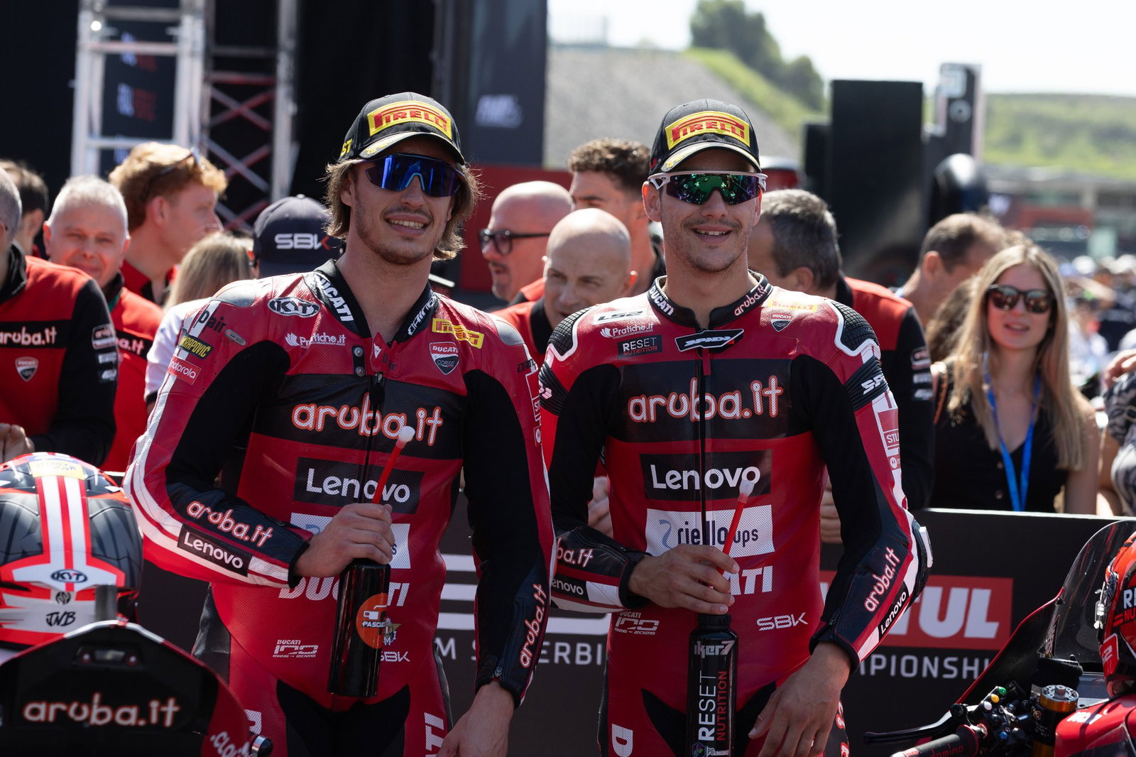 Nicolo Bulega, Iker Lecuona, 2026 Portuguese WorldSBK, parc ferme. Credit: Gold and Goose.