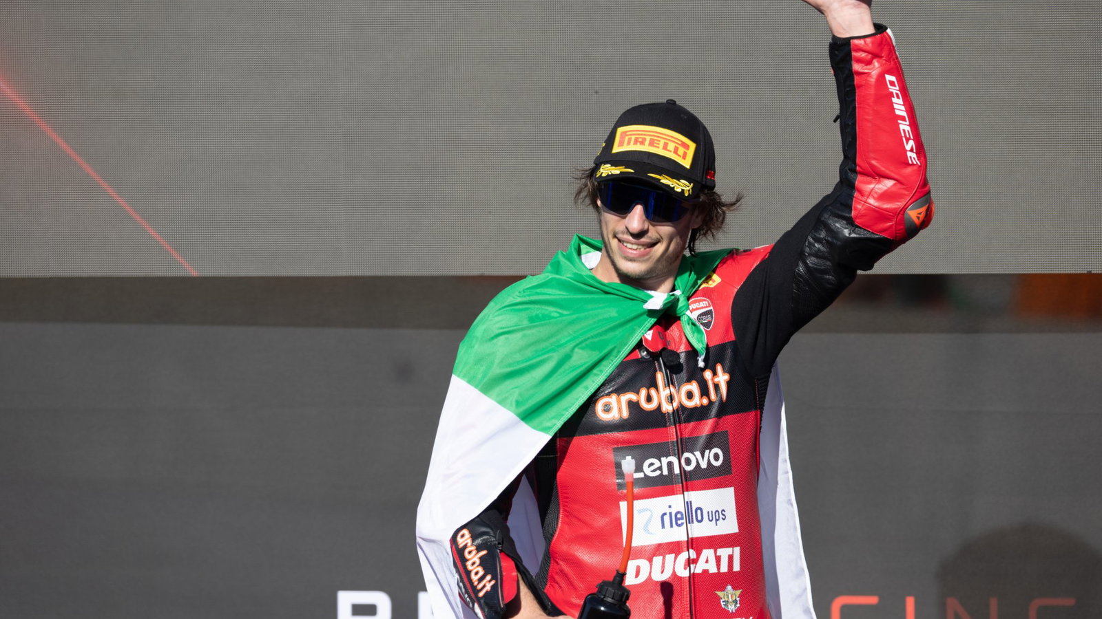 Nicolo Bulega, 2026 Portuguese WorldSBK, podium. Credit: Gold and Goose.