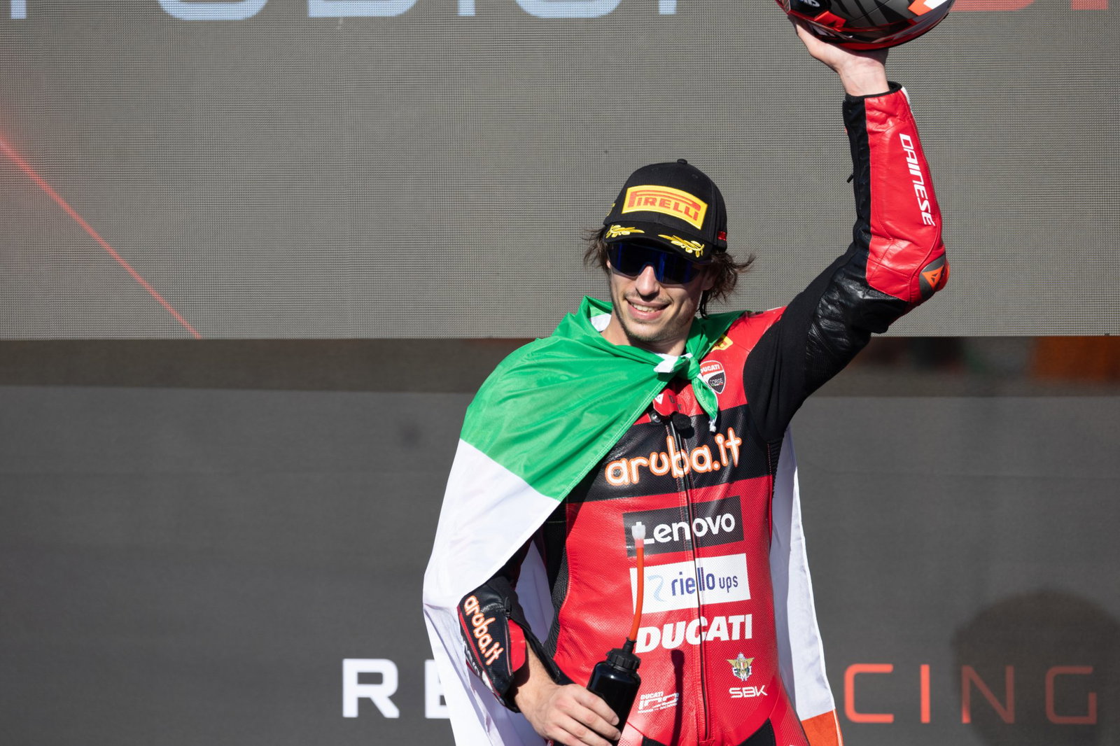Nicolo Bulega, 2026 Portuguese WorldSBK, podium. Credit: Gold and Goose.