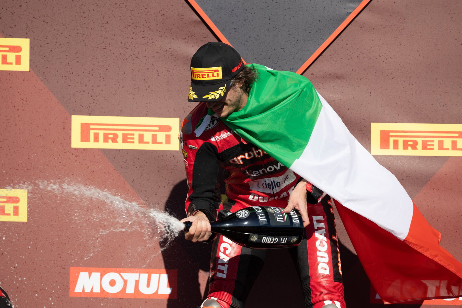 Nicolo Bulega, 2026 Portuguese WorldSBK, podium. Credit: Gold and Goose.