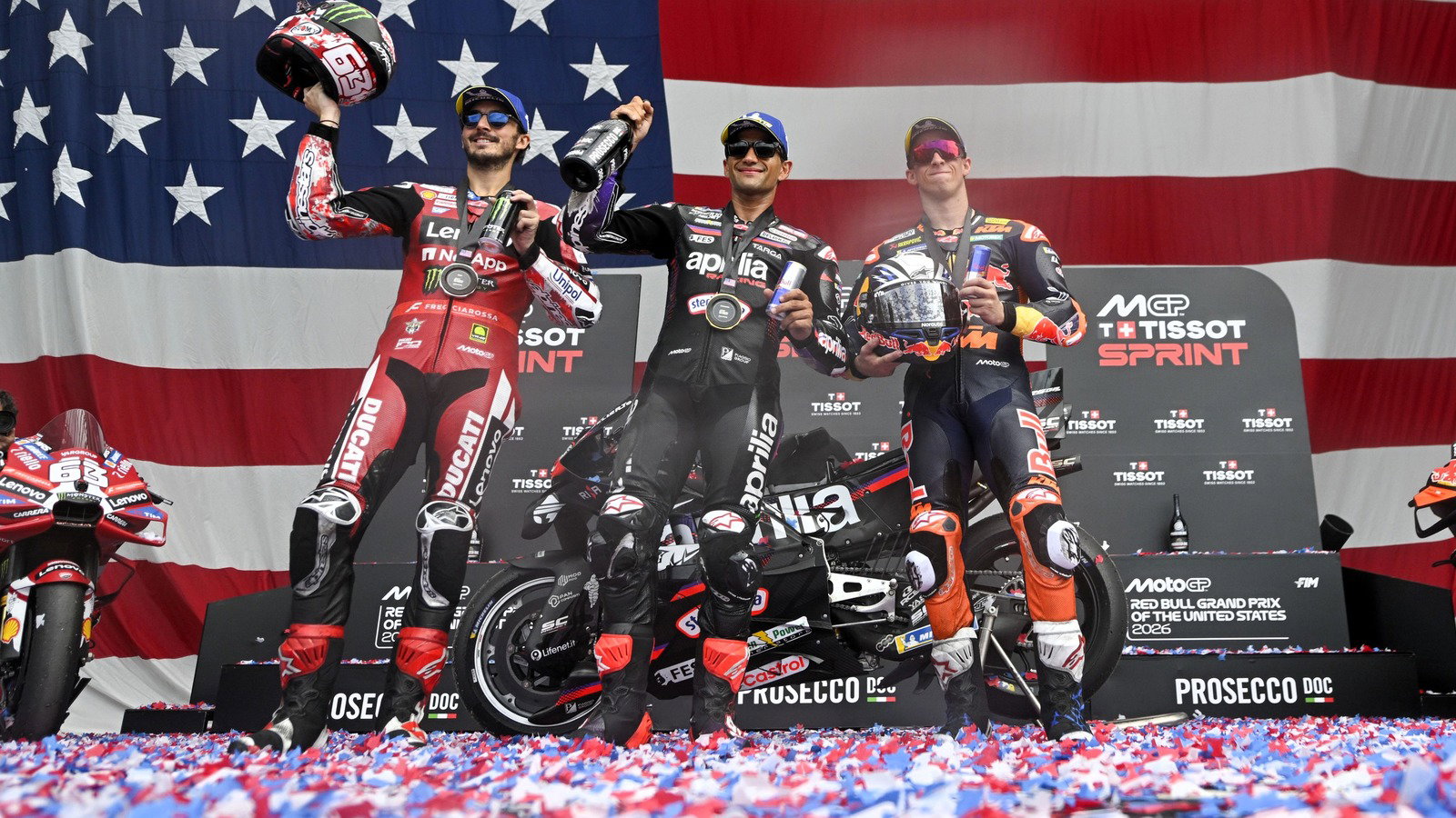 Jorge Martin, Francesco Bagnaia, Pedro Acosta, 2026 US MotoGP Sprint.