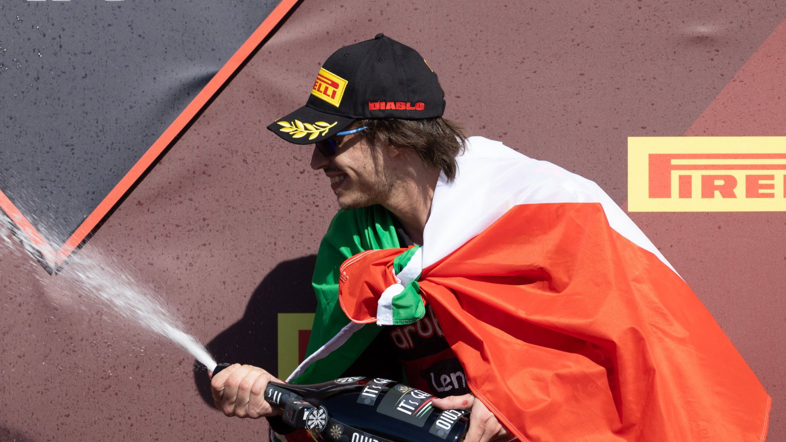 Nicolo Bulega, 2026 Portuguese WorldSBK, podium. Credit: Gold and Goose.