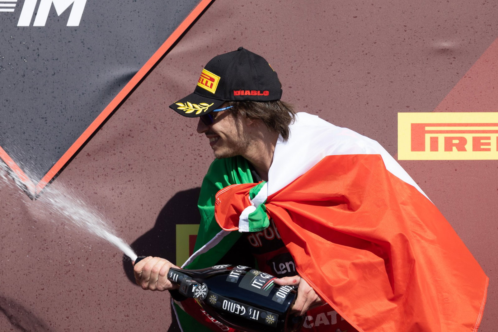 Nicolo Bulega, 2026 Portuguese WorldSBK, podium. Credit: Gold and Goose.