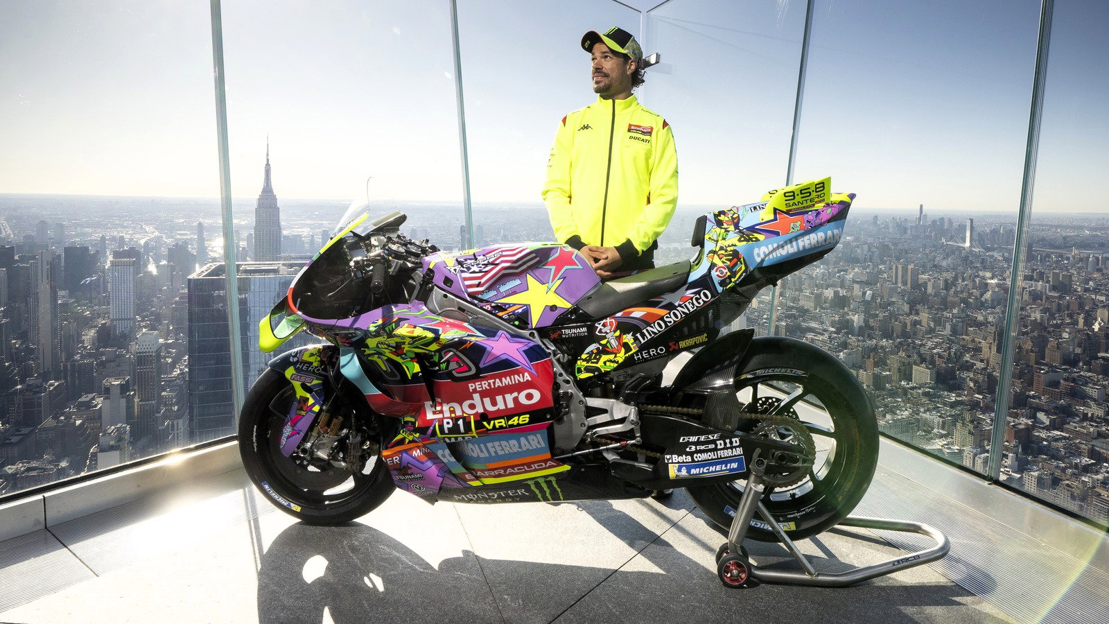 Franco Morbidelli unveils special VR46 livery in New York.