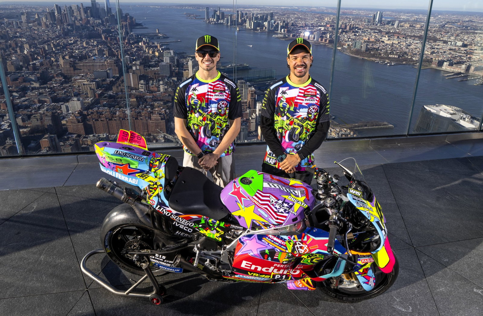 Fabio di Giannantonio, Franco Morbidelli unveil special VR46 livery in New York.