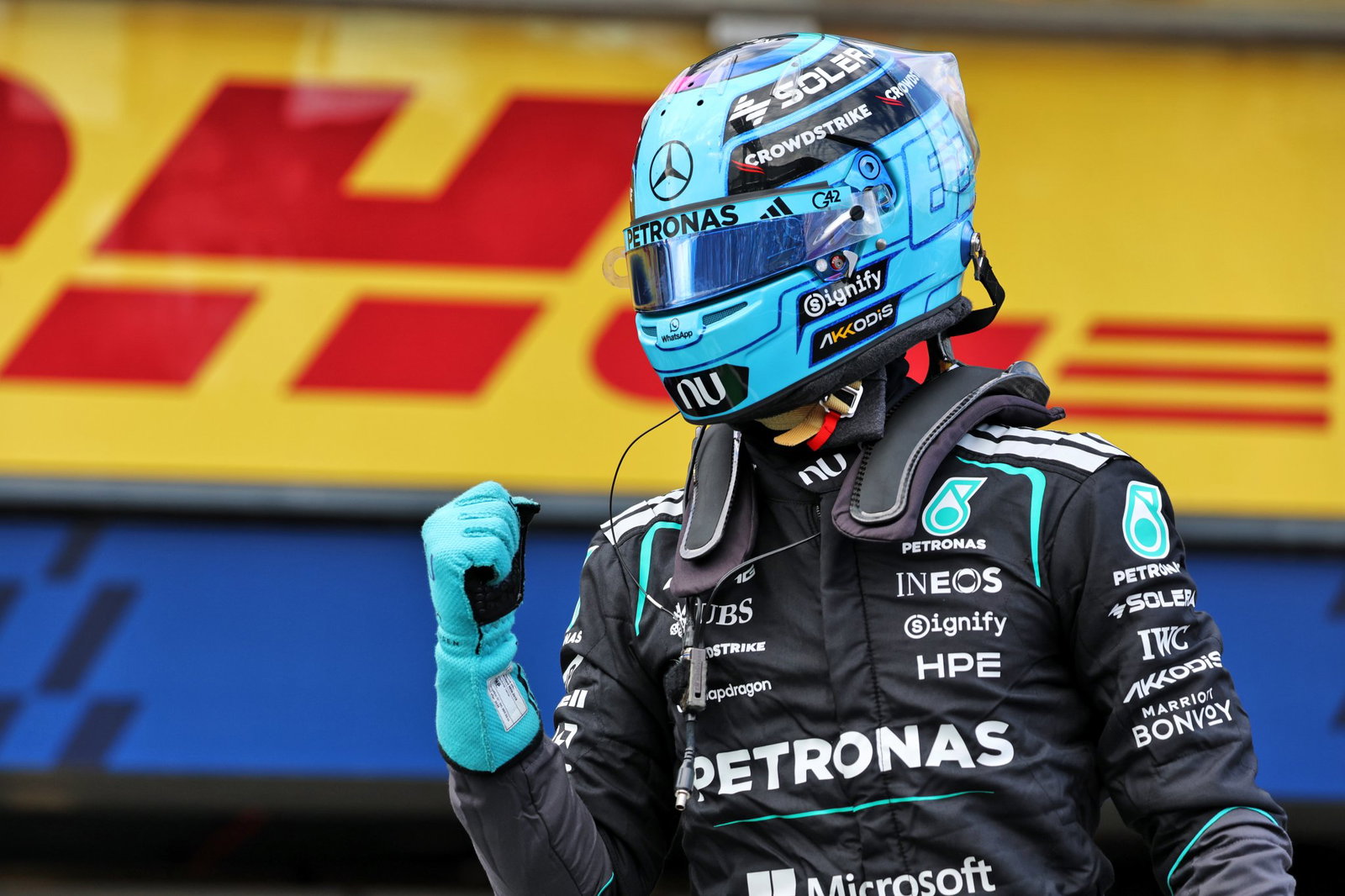 George Russell celebrates the eighth pole of his F1 career