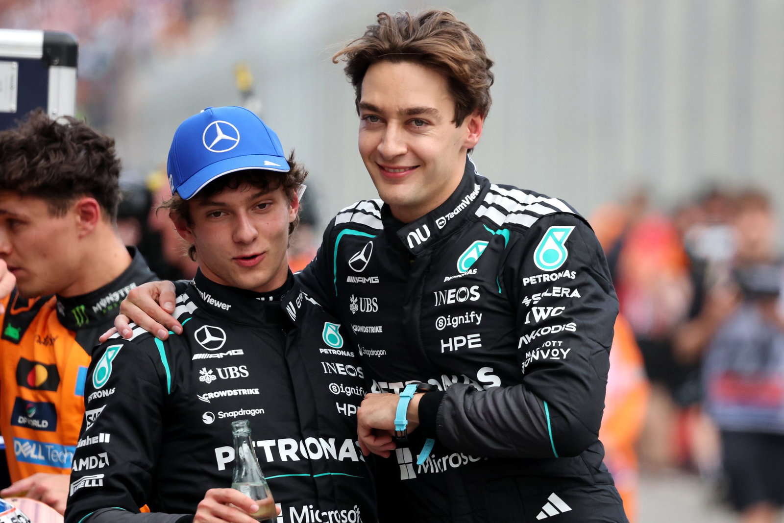 George Russell and Kimi Antonelli celebrate Mercedes 1-2 