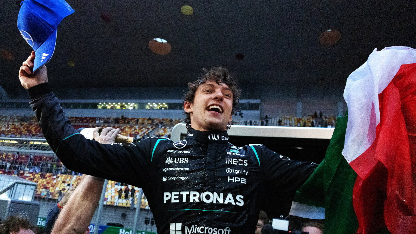 Antonelli celebrates his maiden F1 victory in China.