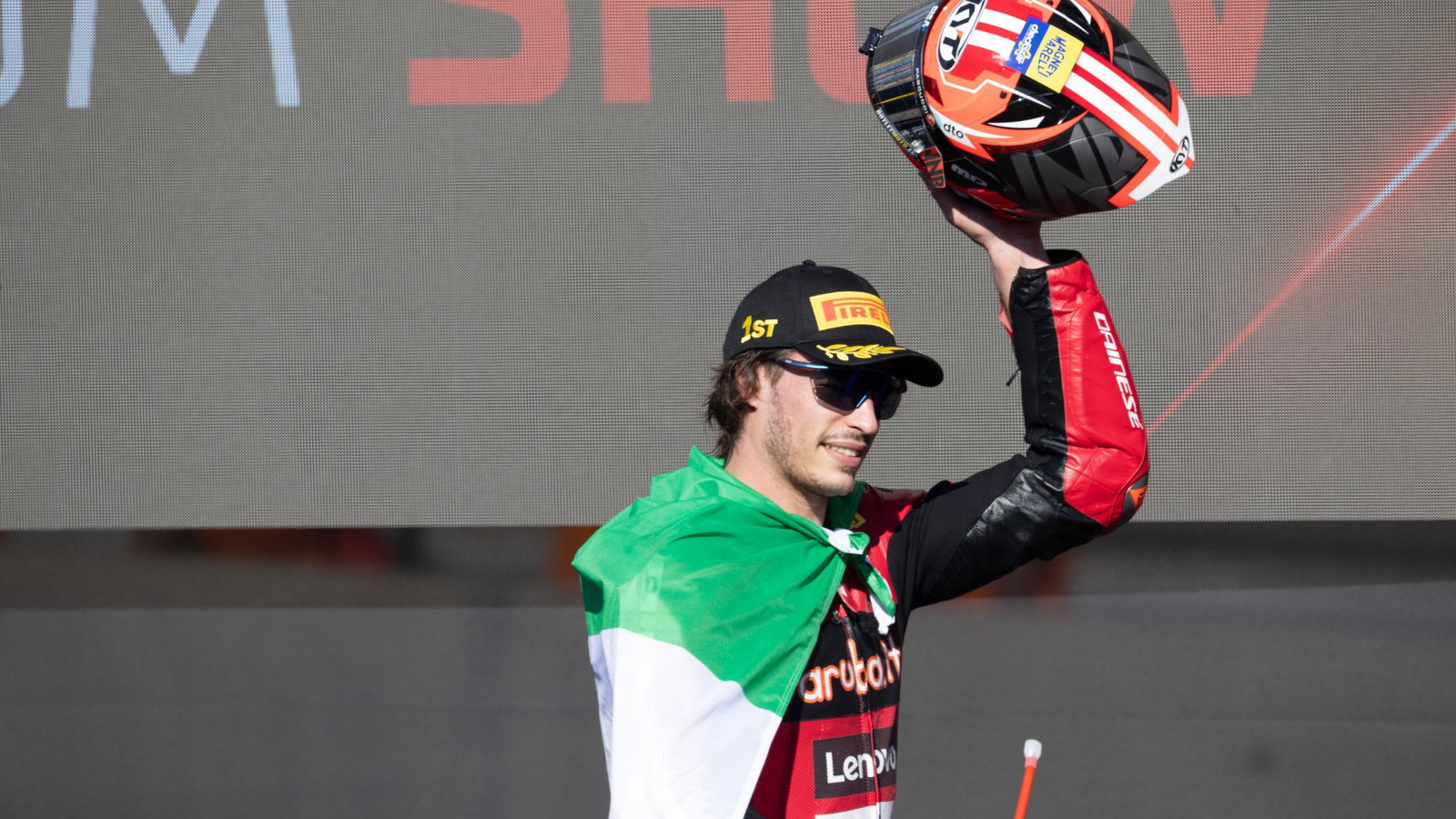 Nicolo Bulega, 2026 Portuguese WorldSBK, podium. Credit: Gold and Goose.