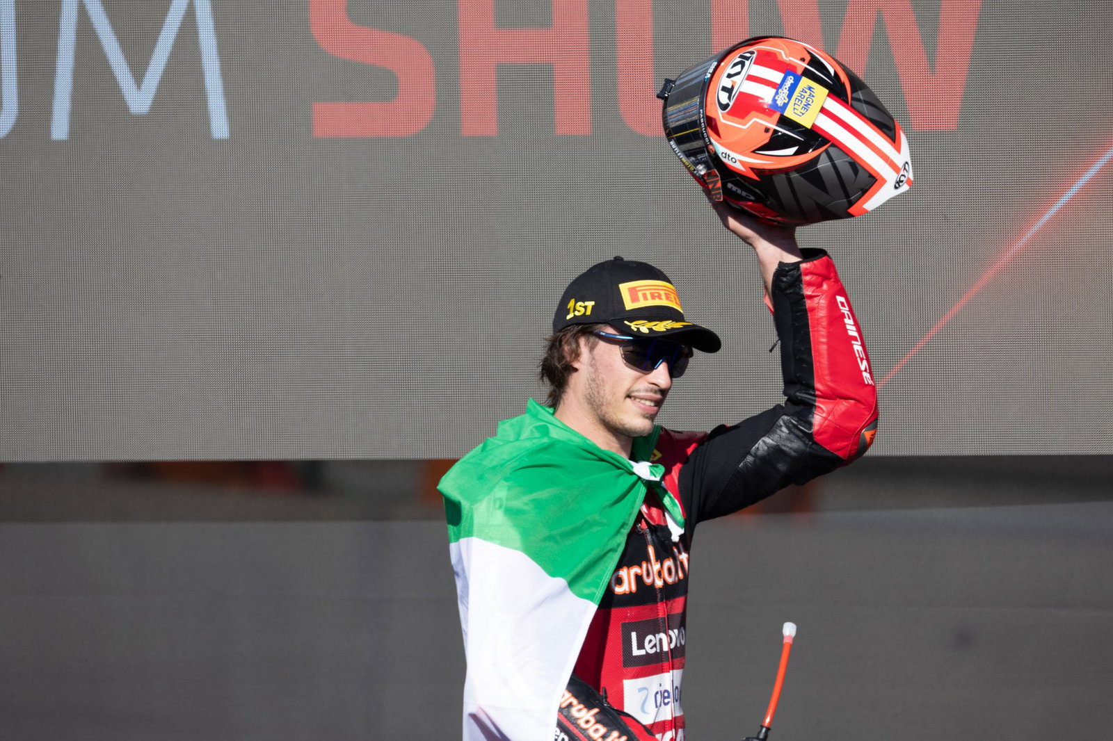 Nicolo Bulega, 2026 Portuguese WorldSBK, podium. Credit: Gold and Goose.