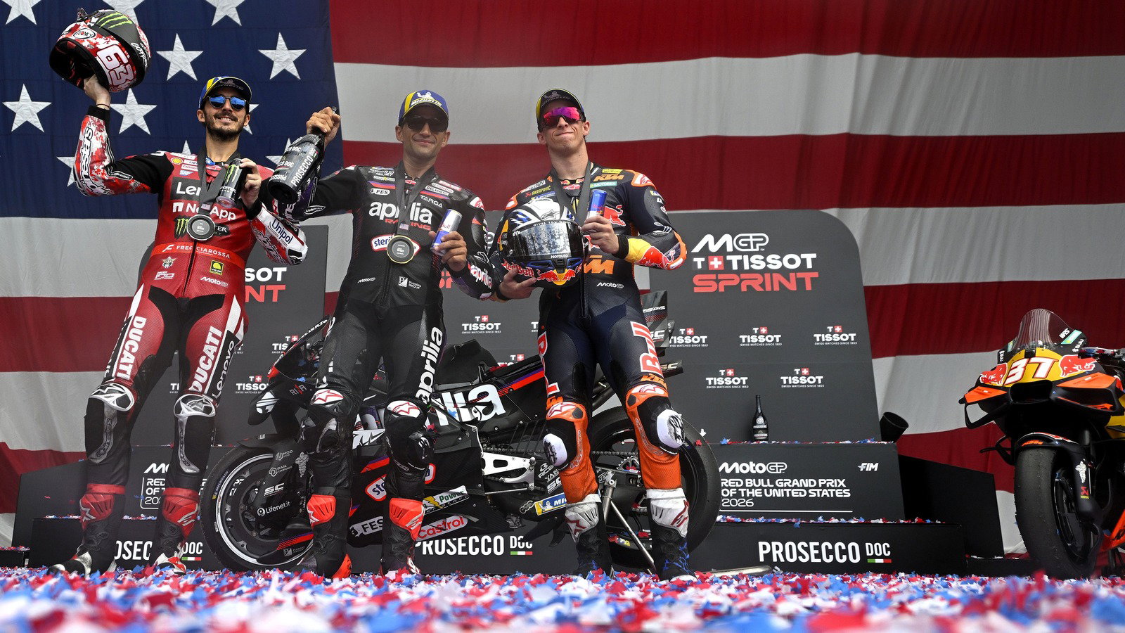 Jorge Martin, Pecco Bagnaia, Pedro Acosta, 2026 US MotoGP Sprint podium.